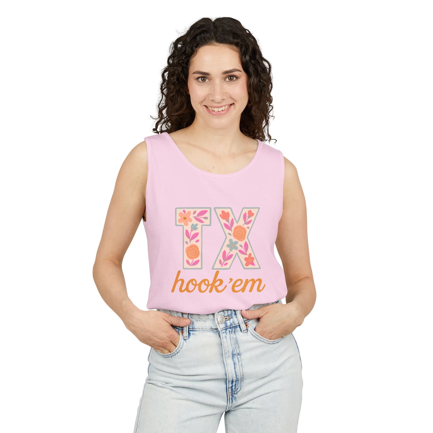 Texas Floral Hook 'Em Unisex Tank Top, Summer Vibe, Casual Wear, College Gear, Gift for Graduates, Texas Pride Apparel, Comfort Colors, Graduation Gift
