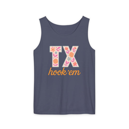 Texas Floral Hook 'Em Unisex Tank Top, Summer Vibe, Casual Wear, College Gear, Gift for Graduates, Texas Pride Apparel, Comfort Colors, Graduation Gift