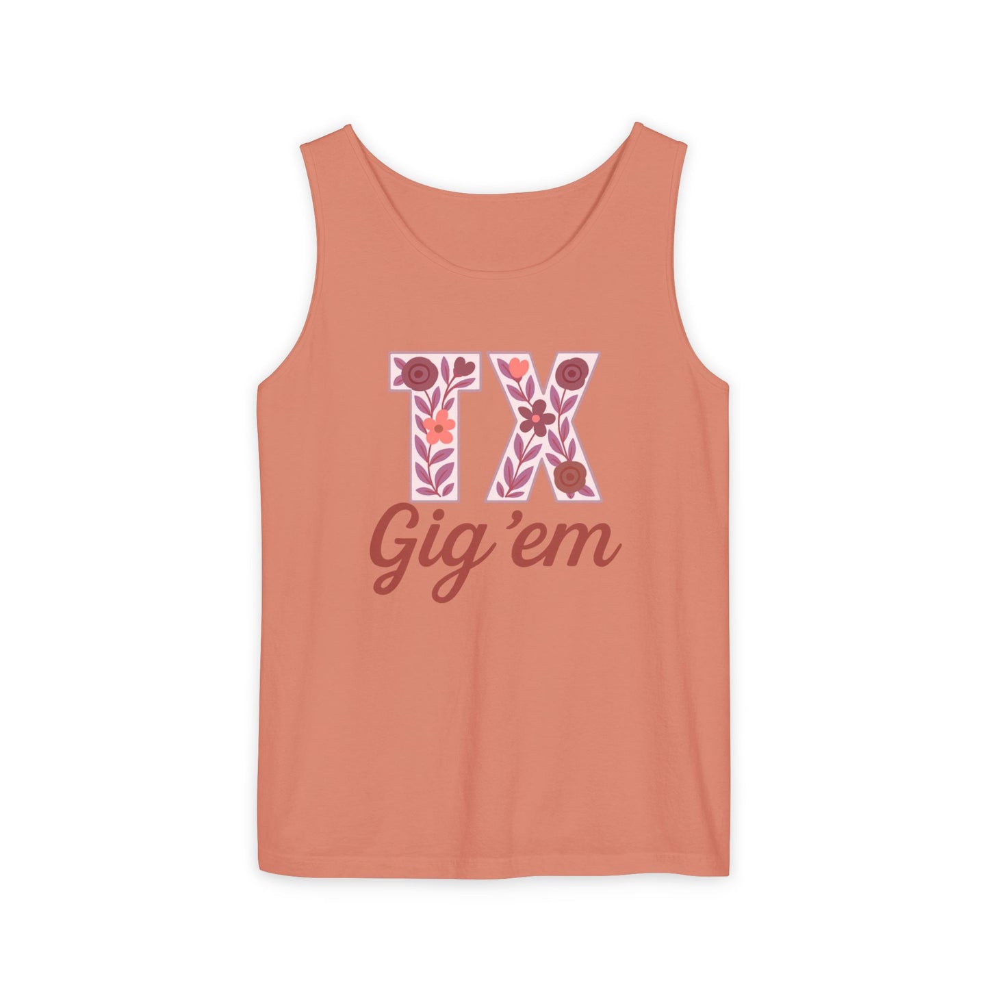 Texas Gig 'Em Tank Top, Unisex Summer Apparel, Cute Floral Design, Perfect for College Fans, Gifts, Comfort Colors, Graduation Gift