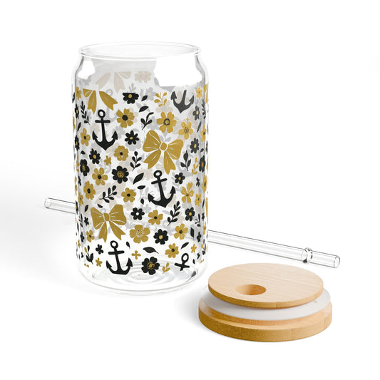 Vandy Floral Anchor Sipper Glass, 16oz Drinkware, Tennessee game day, Nashville tn gift, Vandy fan gift, Vandy alumni, graduation gift, college student gift