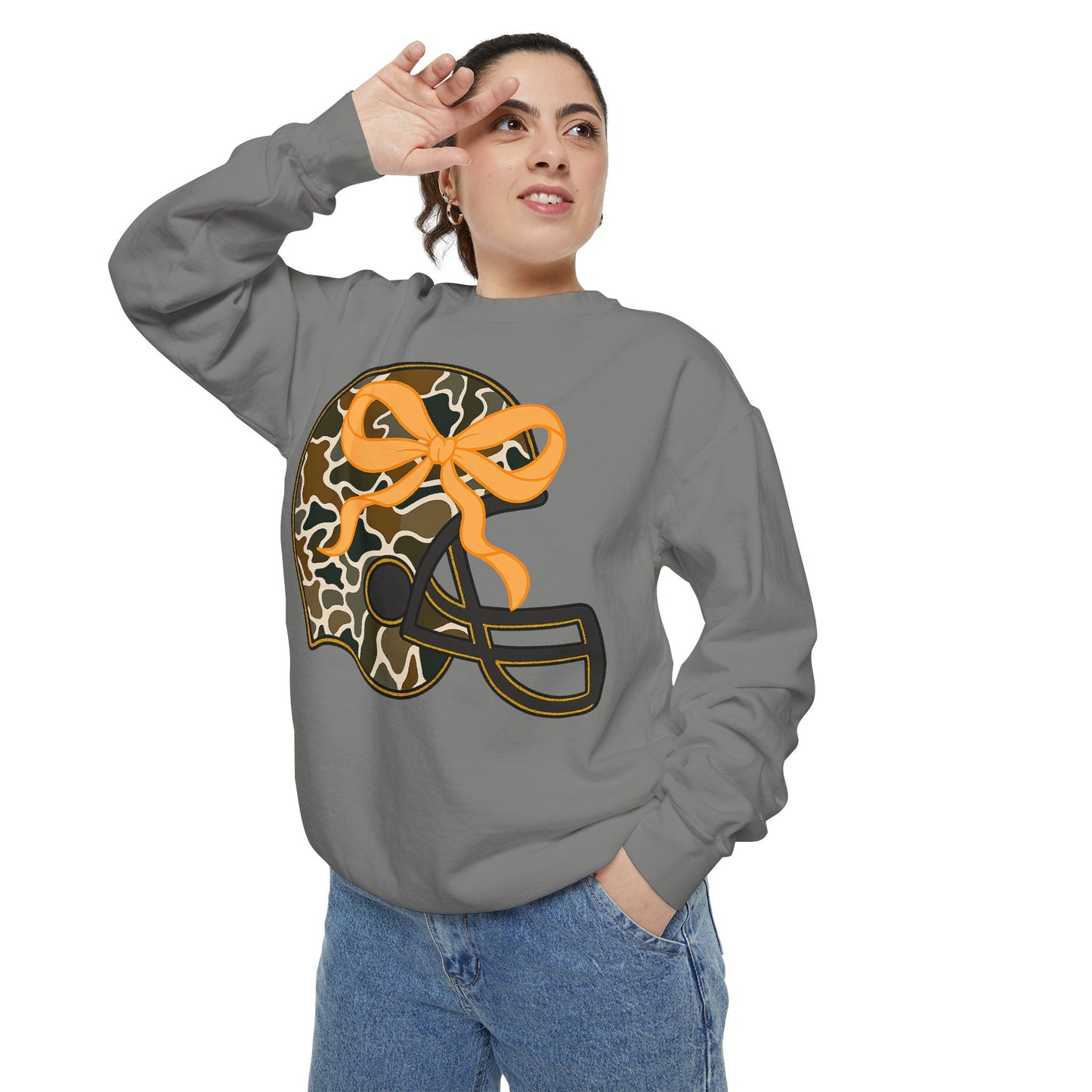 Comfort colors sweatshirt Camo Helmet Design, Casual Athletic Wear, Unisex Fall Fashion, Gift for Sports Fans