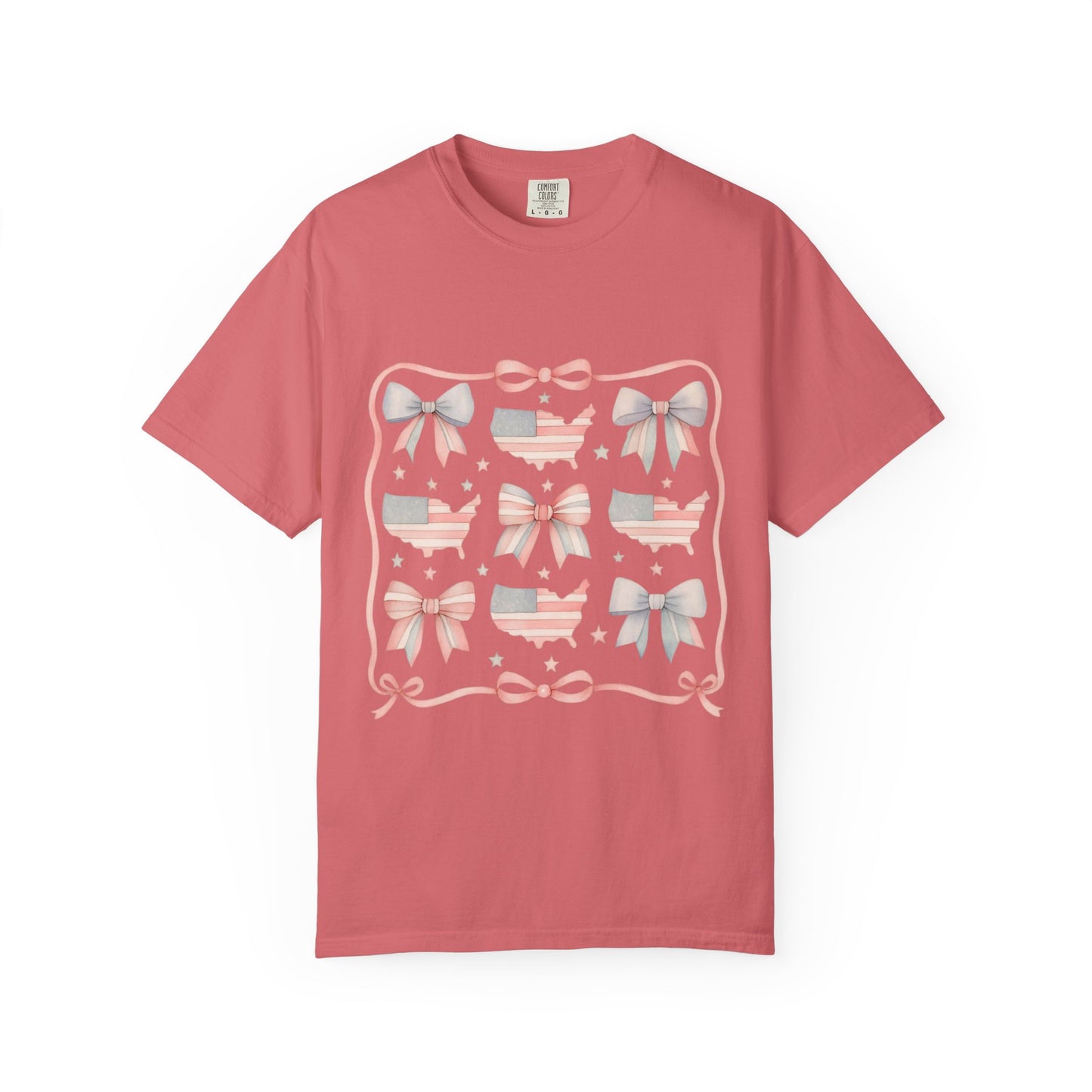America Coquette Cute Bow Pattern Comfort Colors Unisex T-Shirt - 4th of July USA Celebration