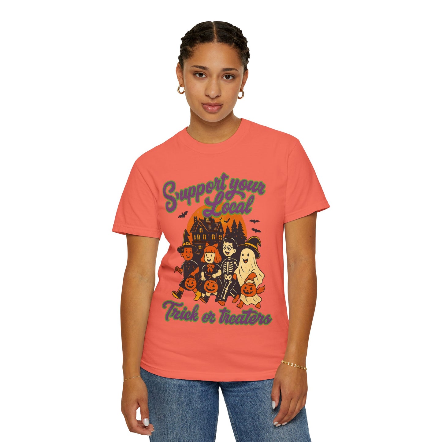 Halloween Support T-Shirt, Youth Trick or Treat Shirt, Garment-Dyed Tee for Kids, Spooky Season Apparel, Holiday Party Top, Fun Costume Wear