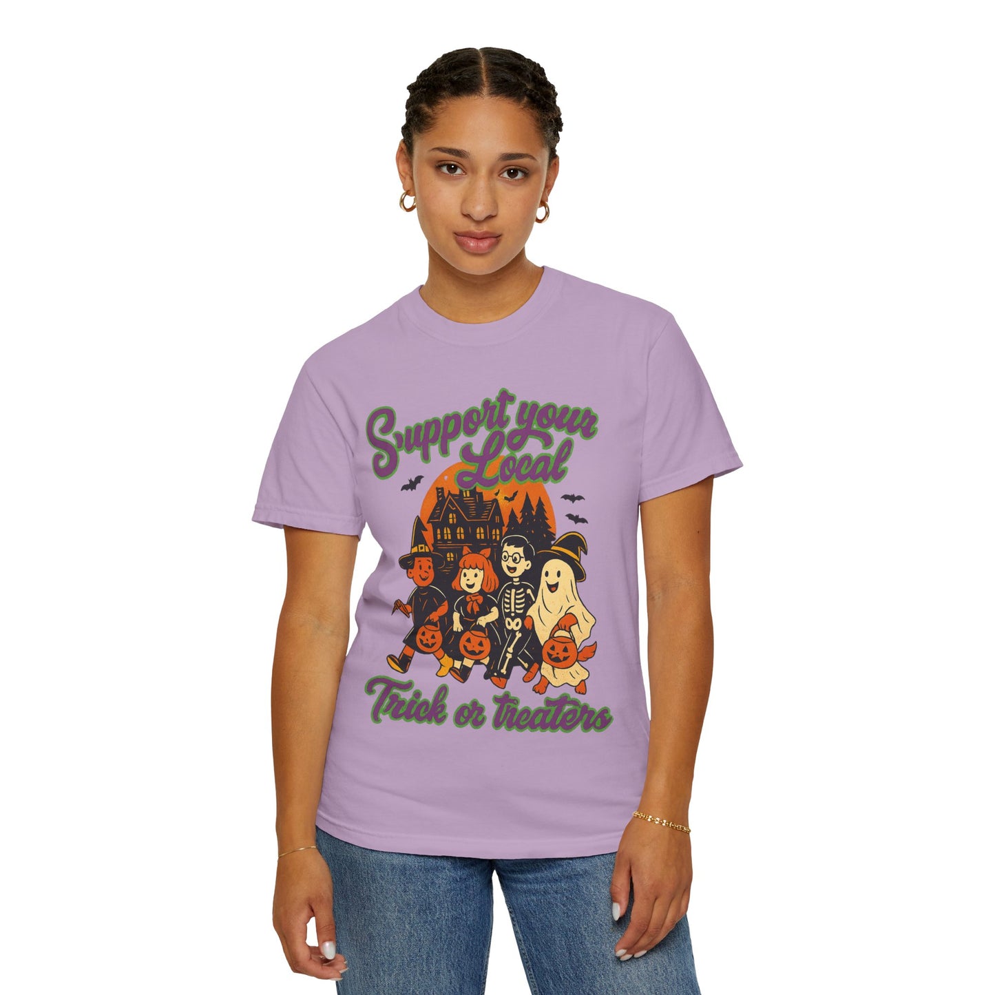 Halloween Support T-Shirt, Youth Trick or Treat Shirt, Garment-Dyed Tee for Kids, Spooky Season Apparel, Holiday Party Top, Fun Costume Wear