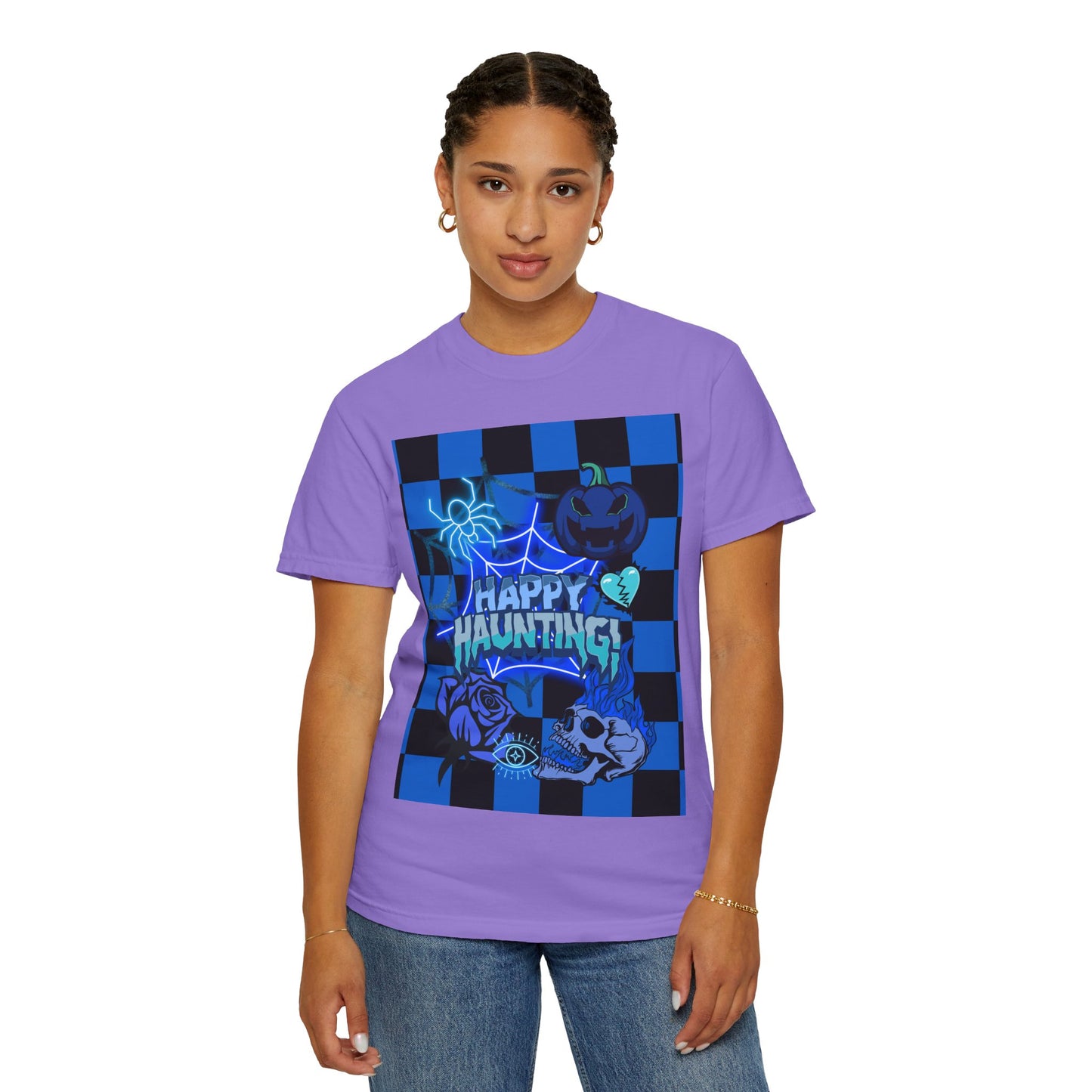 Happy Haunting Unisex Garment-Dyed T-shirt, Halloween Tee, Spooky Shirt, Fall Fashion, Casual Wear, Pumpkin Fest