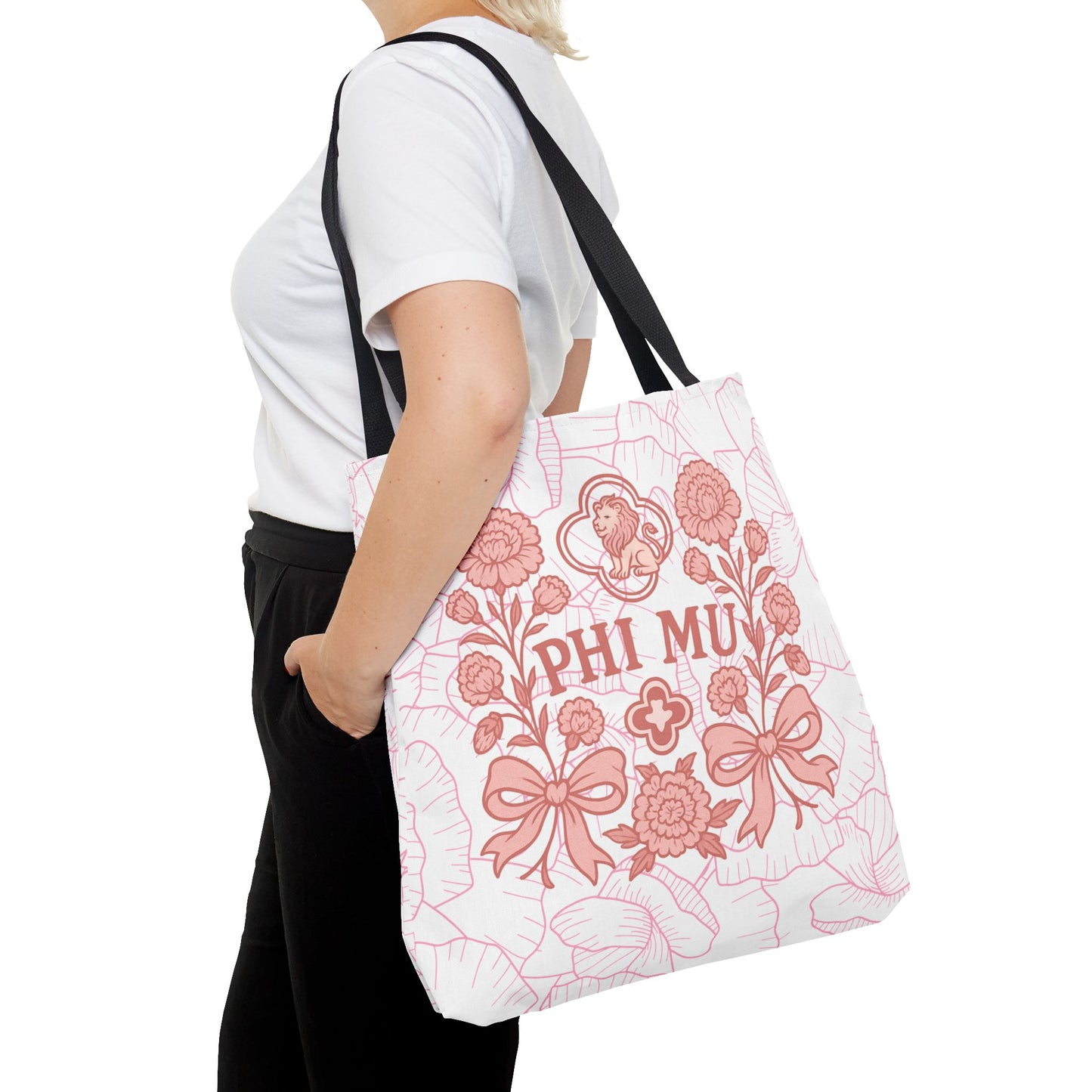 Phi Mu Floral Tote Bag, Sorority Bag, Gift for Sorority Sisters, Pink Floral Tote, College Essentials, AOP Design
