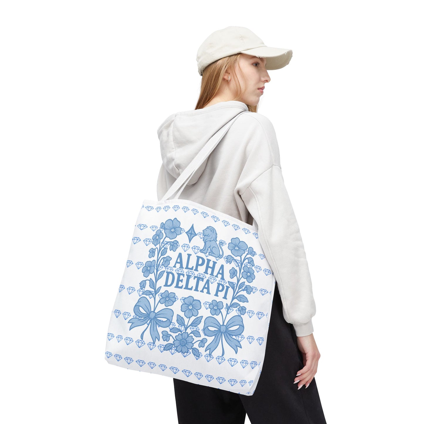 Alpha Delta Pi Floral Tote Bag - Stylish Sorority Accessory, Gift for College Students, Everyday Use, Blue Floral Design, AOP Style