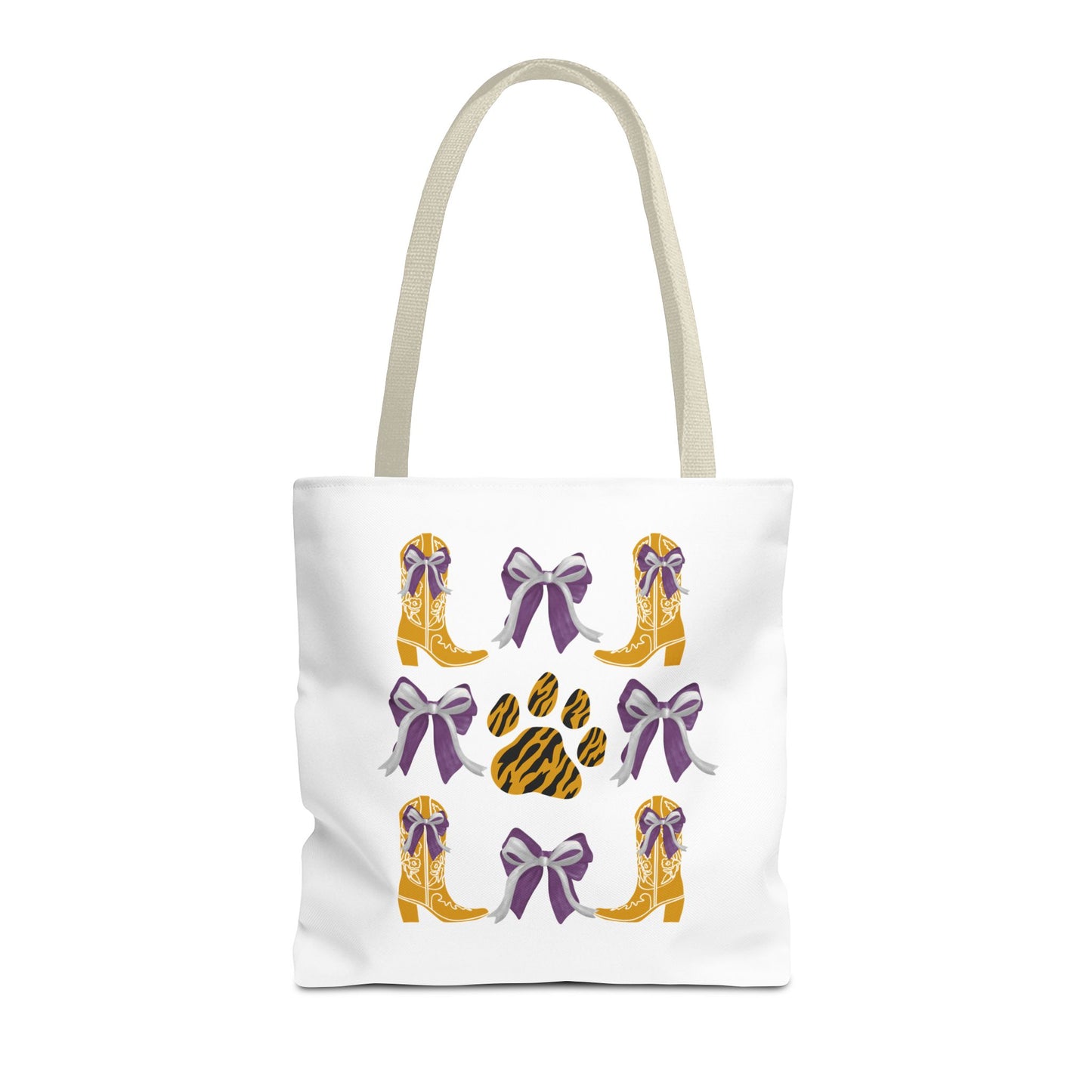 LSu coquette bow Print Tote Bag, Eco-Friendly Fashion Bag, lsu tiger fan, louisiana game day, geaux tigers, college student gift, graduation gift