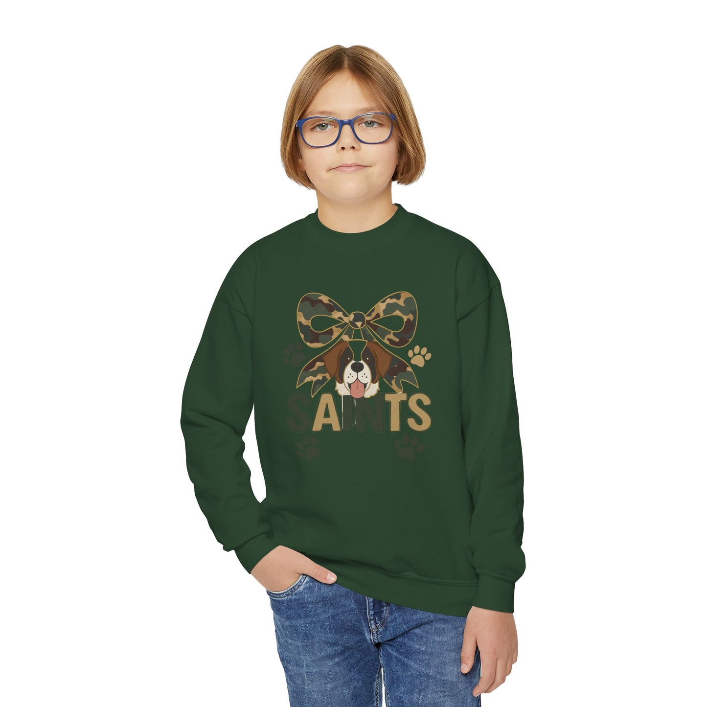 Youth Crewneck Sweatshirt with Camo Bow and Paw Prints, Dog Lovers Gift, Cozy Pet-Themed Apparel, Great for Holidays, Perfect for [...]