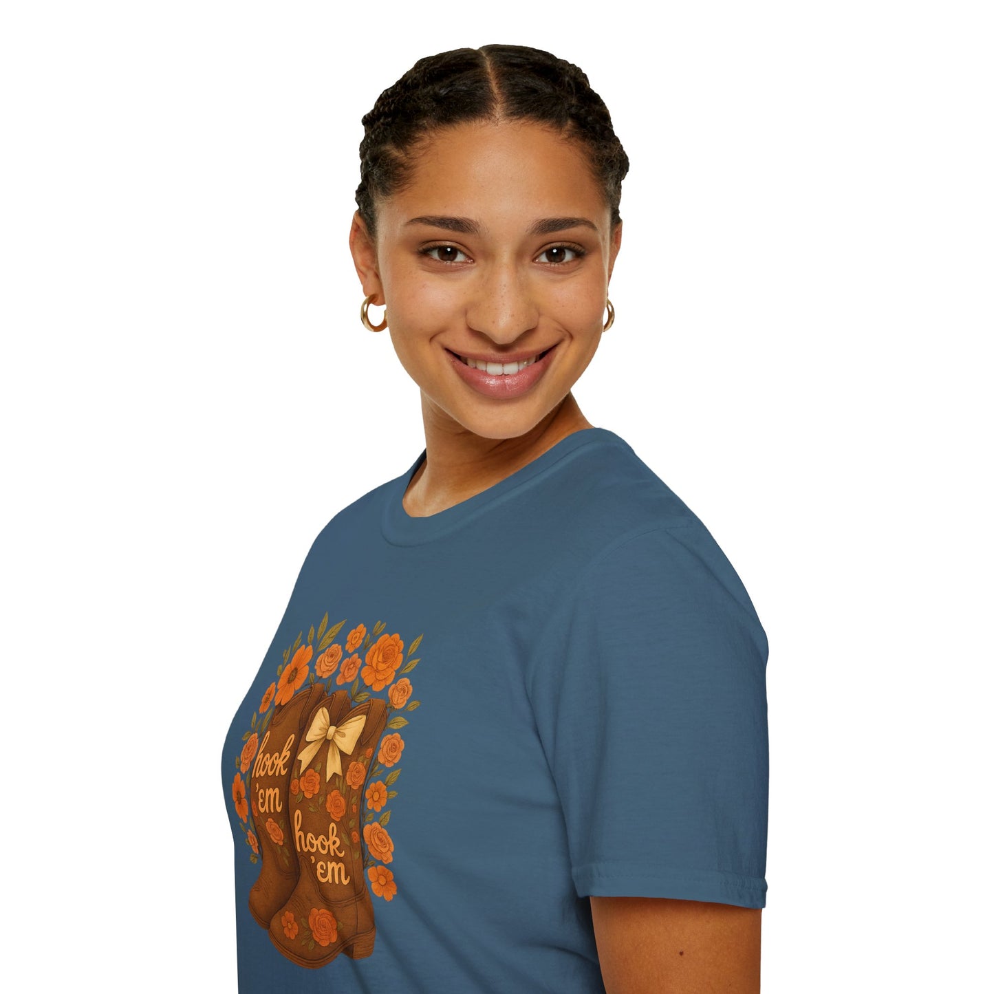 Tx Hook Em Floral Cowboy Boot T-Shirt, Hook 'Em Tee, Autumn Apparel, Country Style, Gift for Her, tx longhorns, texas fan gift, hook em horns, graduation gift, college student gift