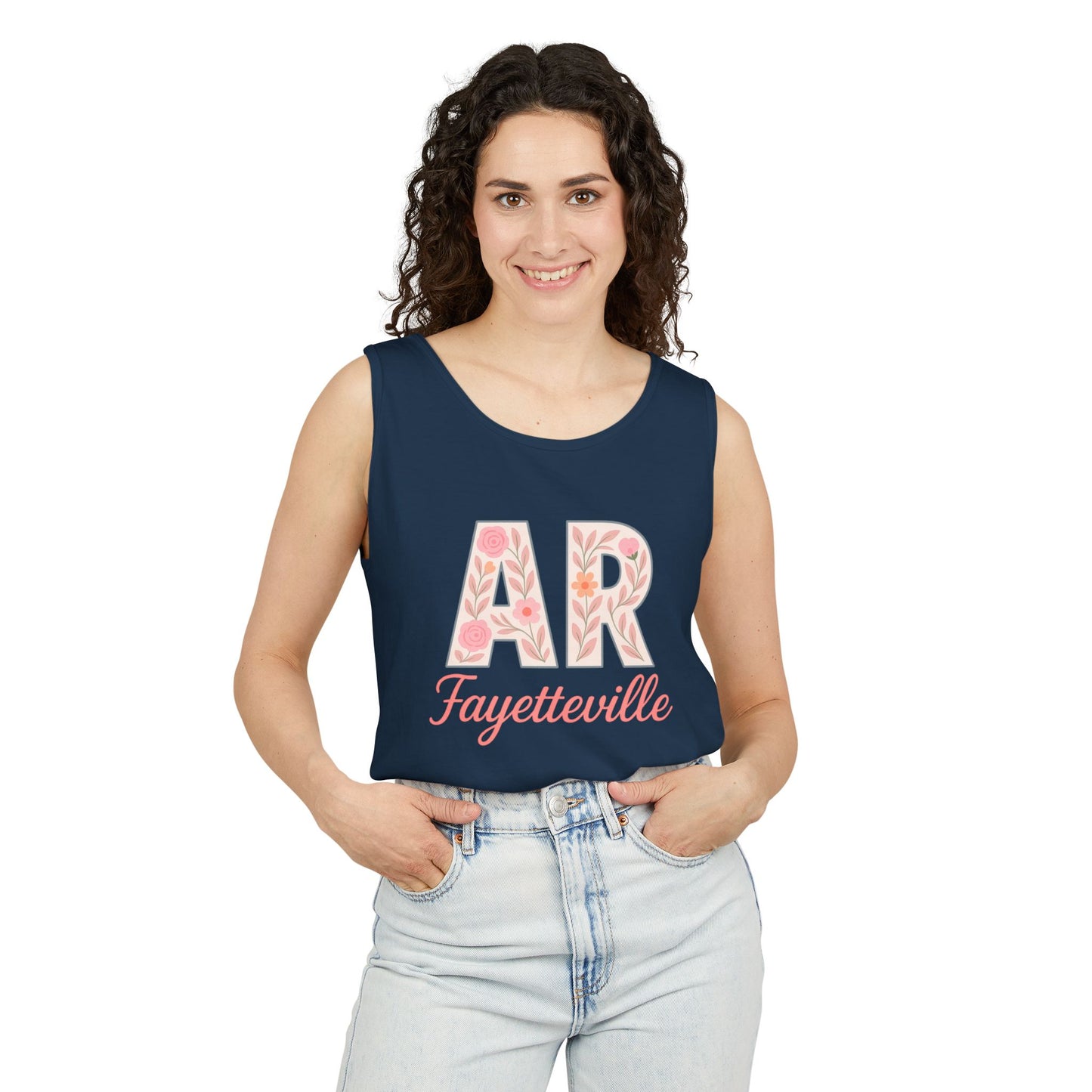 Fayetteville Floral Tank Top, Casual Summer Top, Gift for Her, Travel Apparel, Arkansas Style, Arkansas Student Gift, Graduation Gift, Comfort Colors