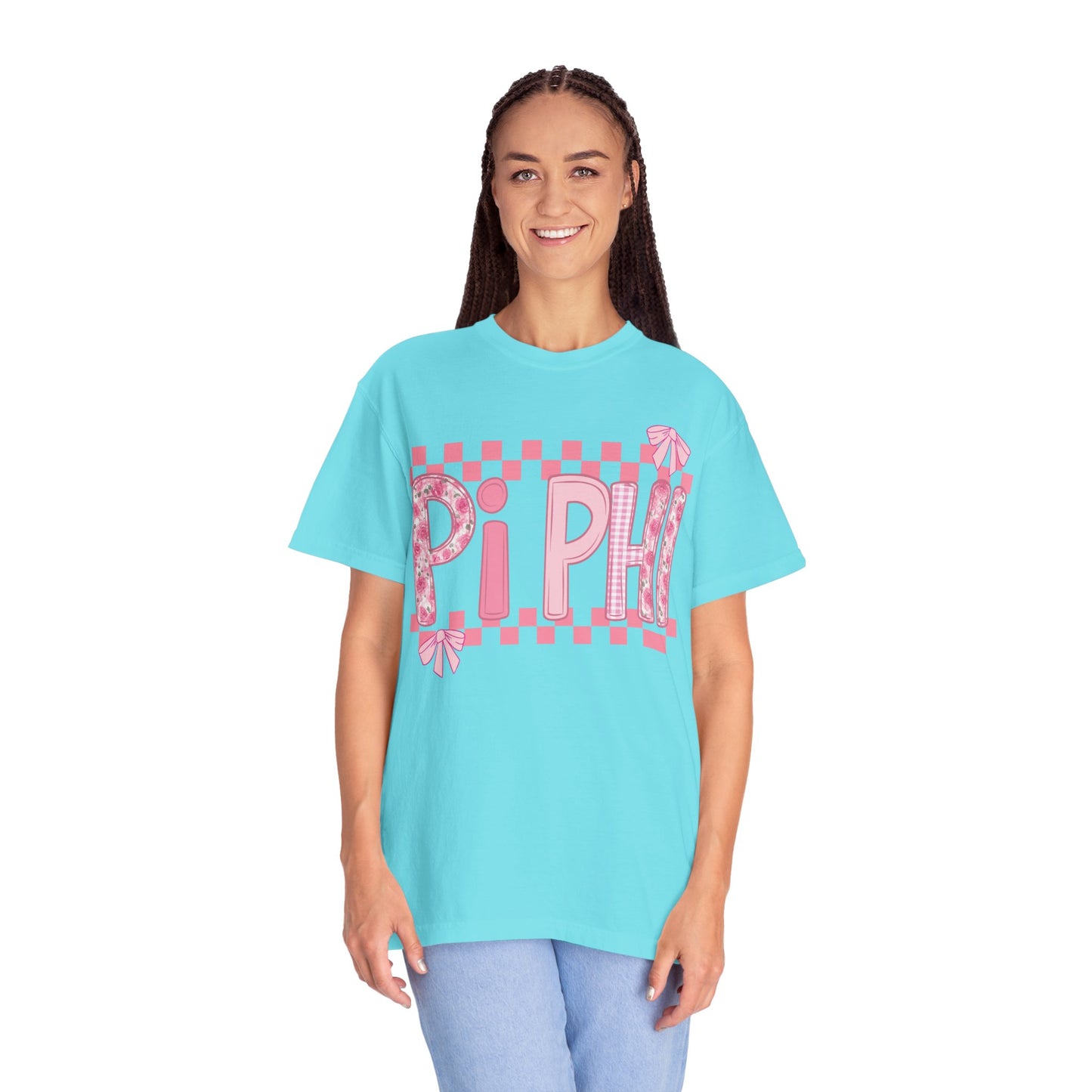 Cute Garment-Dyed T-Shirt for Sorority Sisters, Pi -Checked Style, Perfect for Casual Outings, Sorority Events, Gifts