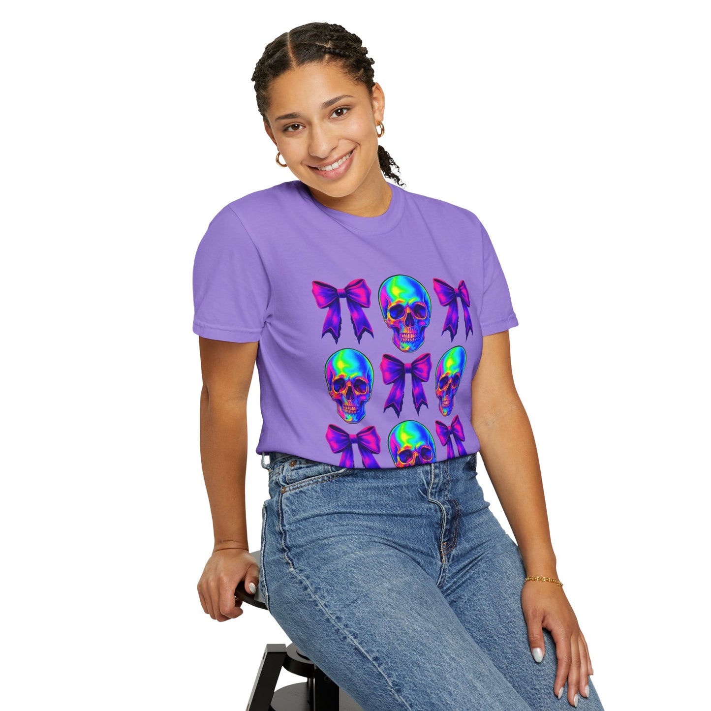 Neon Skull and Bow Unisex T-Shirt | Trendy Graphic Tee for Halloween, Festivals, Casual Wear, Gifts
