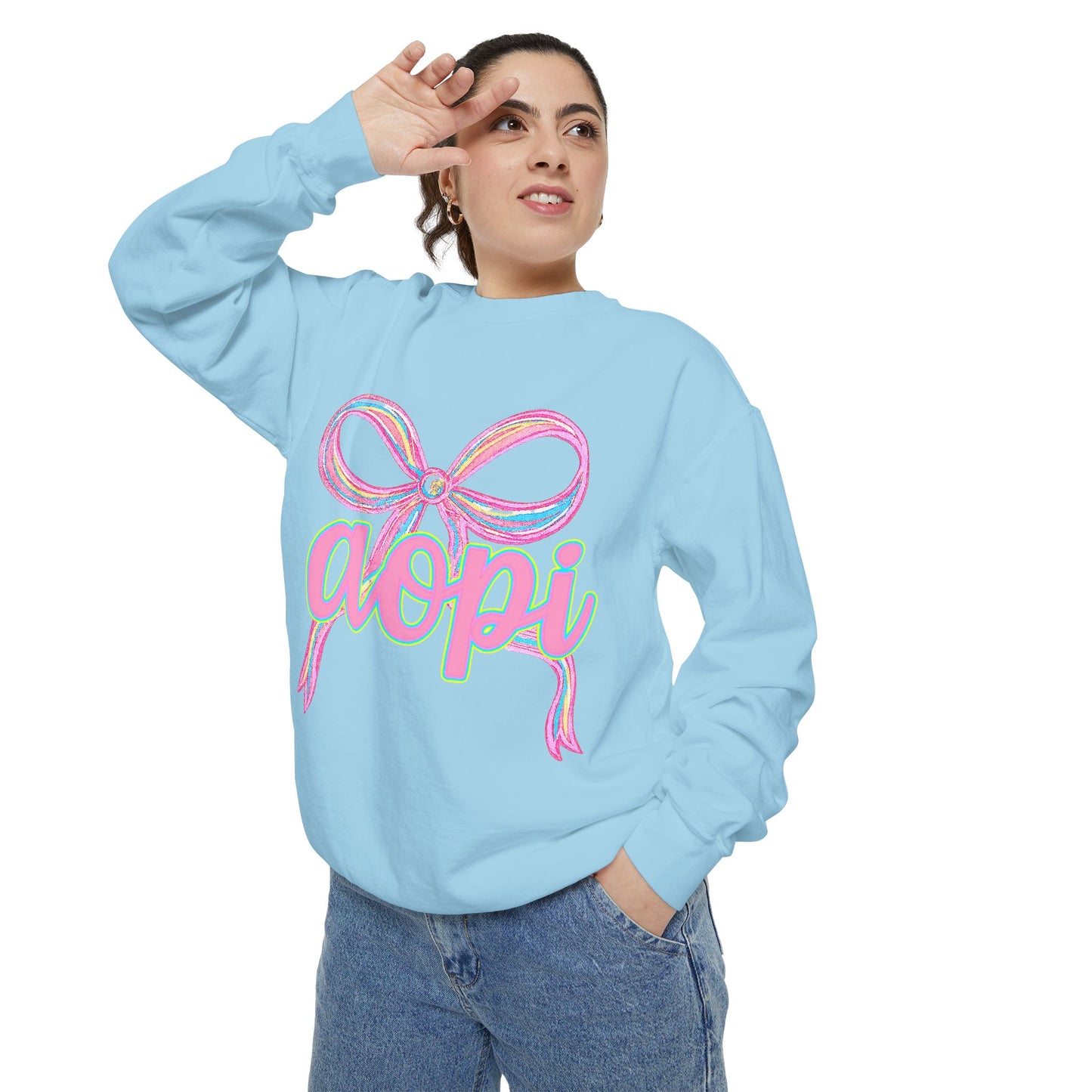 Pastel Bow Sweatshirt with aopi Design, Cozy Unisex Sweatshirt, Gift for Sorority Sisters, Casual Chic Apparel, Best Friend Outfit