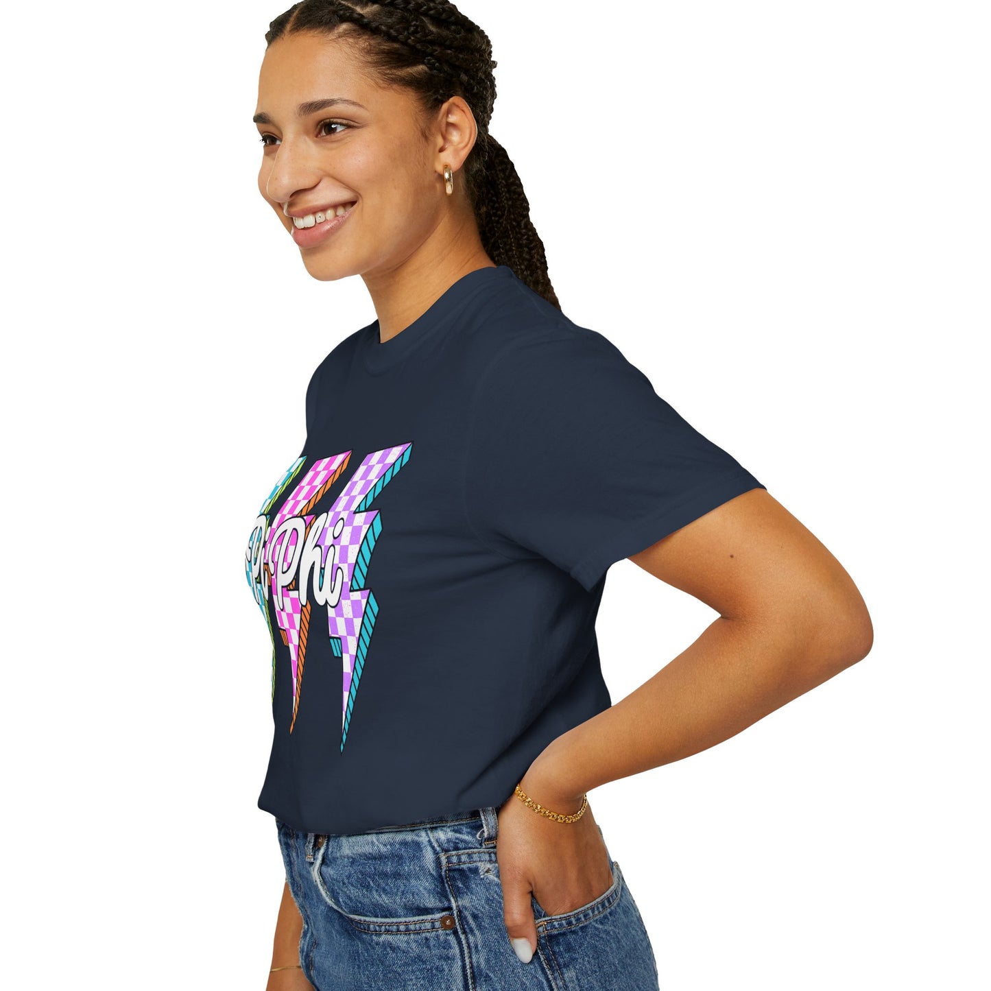 PB Phi Lightning Bolt Unisex T-shirt | Vibrant Greek Life Apparel, Unique Gift for Sorority Sisters, Casual Wear, Celebrating Sisterhood