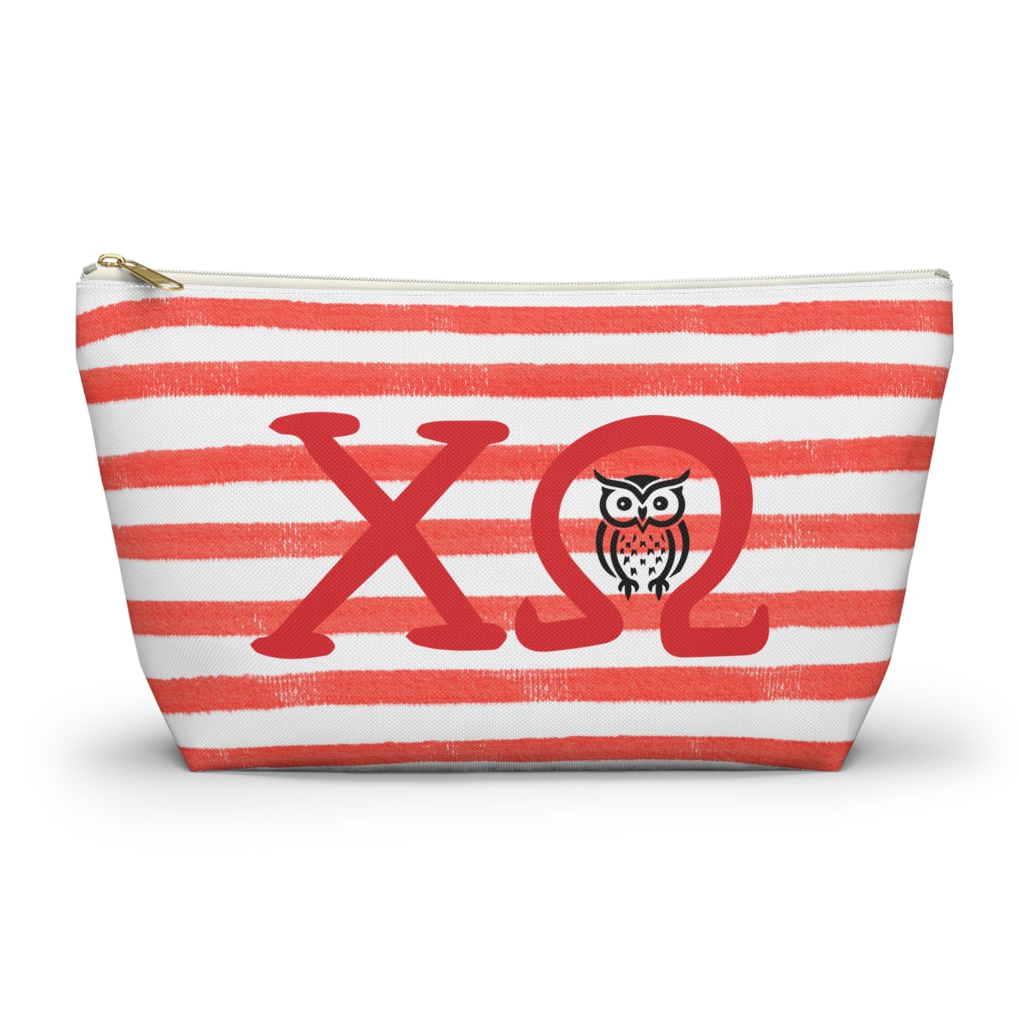 Chi Omega Charming Owl Accessory Pouch, Makeup Bag, Gift for Her, Zodiac Lover, Cute Organizer, Striped Cosmetic Pouch