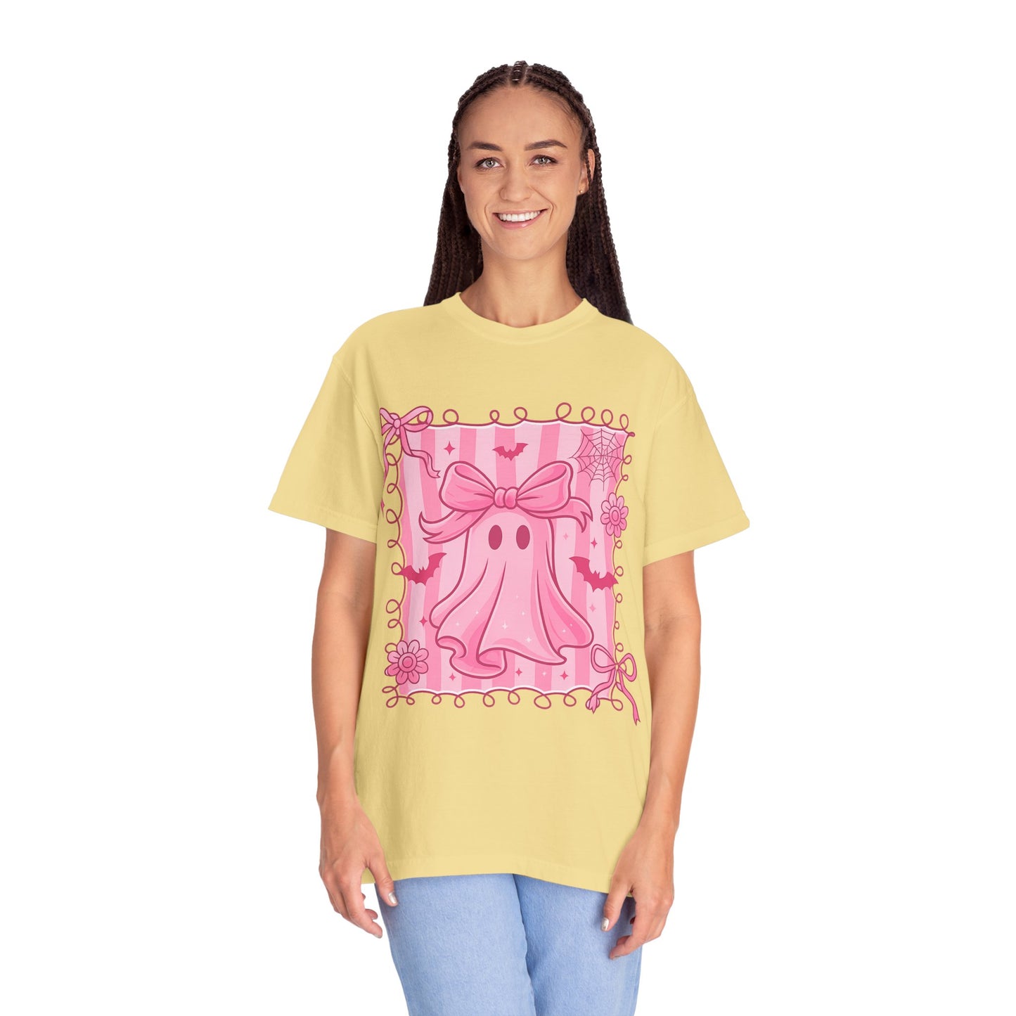 Cute Pink Ghost Graphic T-Shirt, Pink Halloween Tee, Unisex Garment-Dyed Top, Spooky Style for Fall, Trick or Treat Fashion