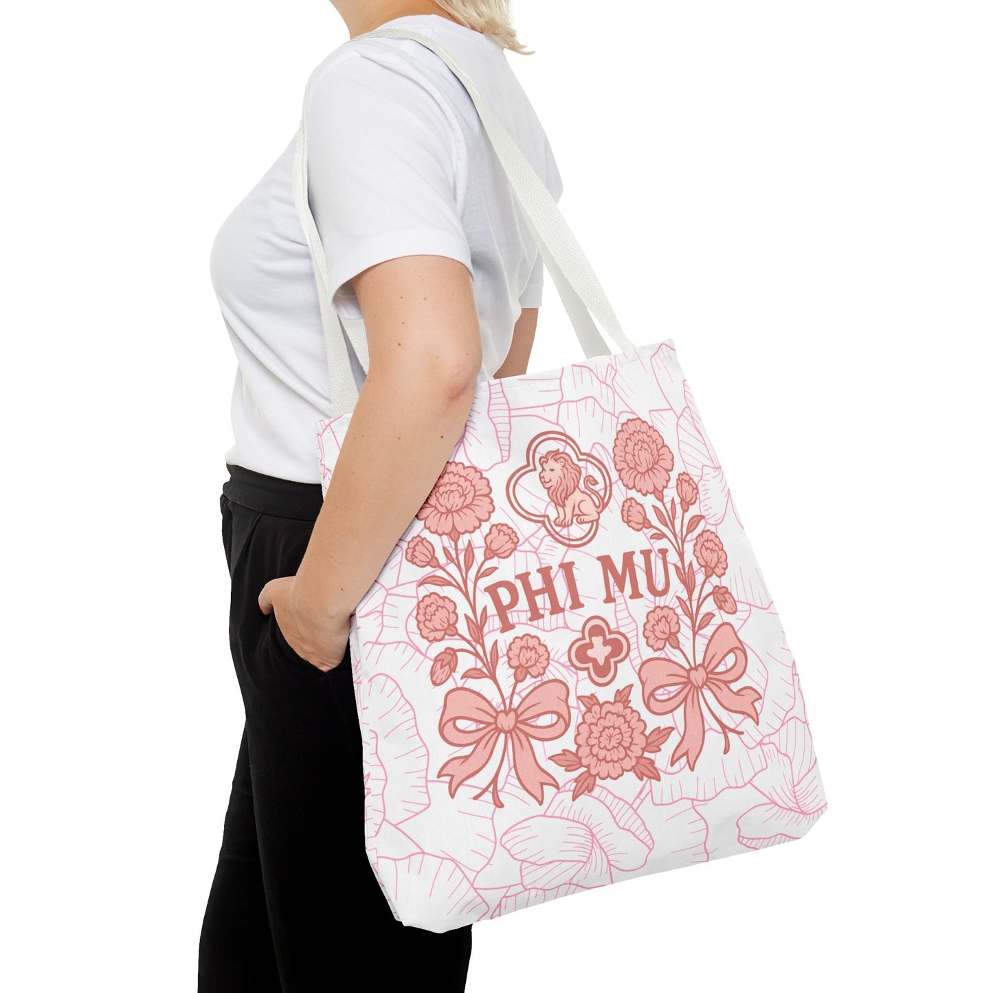 Phi Mu Floral Tote Bag, Sorority Bag, Gift for Sorority Sisters, Pink Floral Tote, College Essentials, AOP Design
