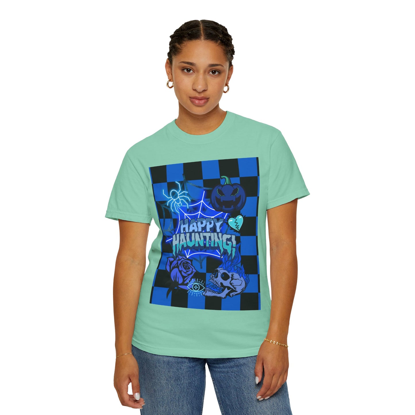 Happy Haunting Unisex Garment-Dyed T-shirt, Halloween Tee, Spooky Shirt, Fall Fashion, Casual Wear, Pumpkin Fest