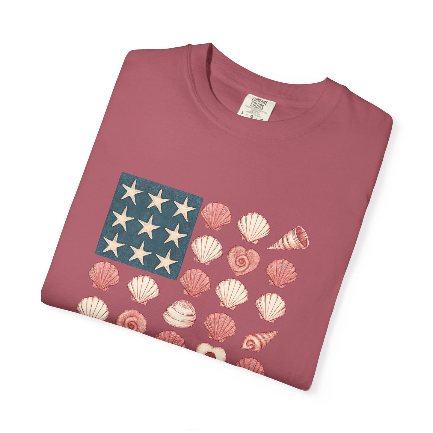 Comfort Colors-Seashell Flag T-Shirt, Unisex, American Flag, Beach Vibes, Nautical Gift, Summer Vibes, July 4th
