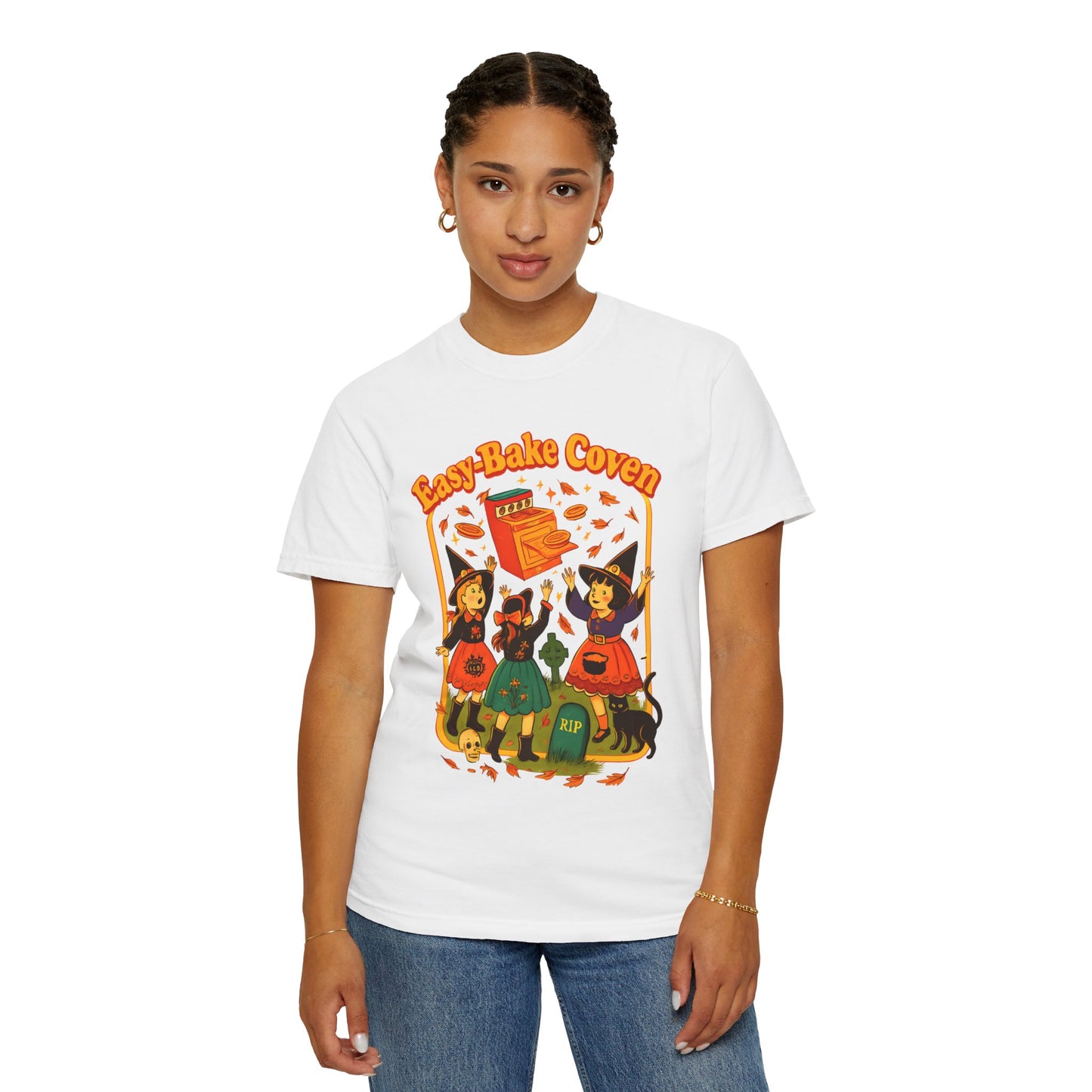 Halloween Witch T-Shirt, Unisex Garment-Dyed Shirt, Easy-Bake Coven Tee, Spooky Season Apparel, Cute Witch Design