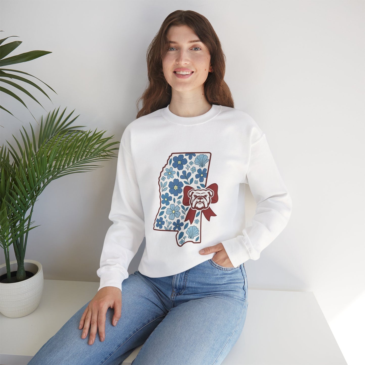 Mississippi Flower Bulldog Crewneck Sweatshirt, Cozy Sweatshirt for Fall, Gift for Dog Lovers, College Apparel, Casual Fashion