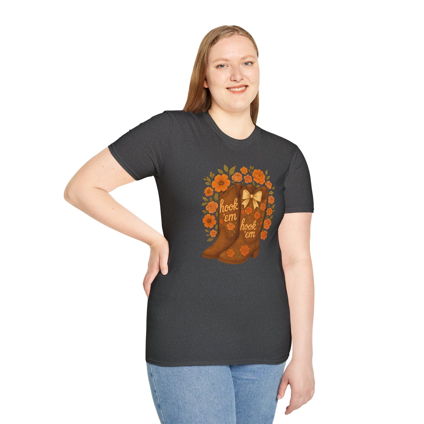 Tx Hook Em Floral Cowboy Boot T-Shirt, Hook 'Em Tee, Autumn Apparel, Country Style, Gift for Her, tx longhorns, texas fan gift, hook em horns, graduation gift, college student gift