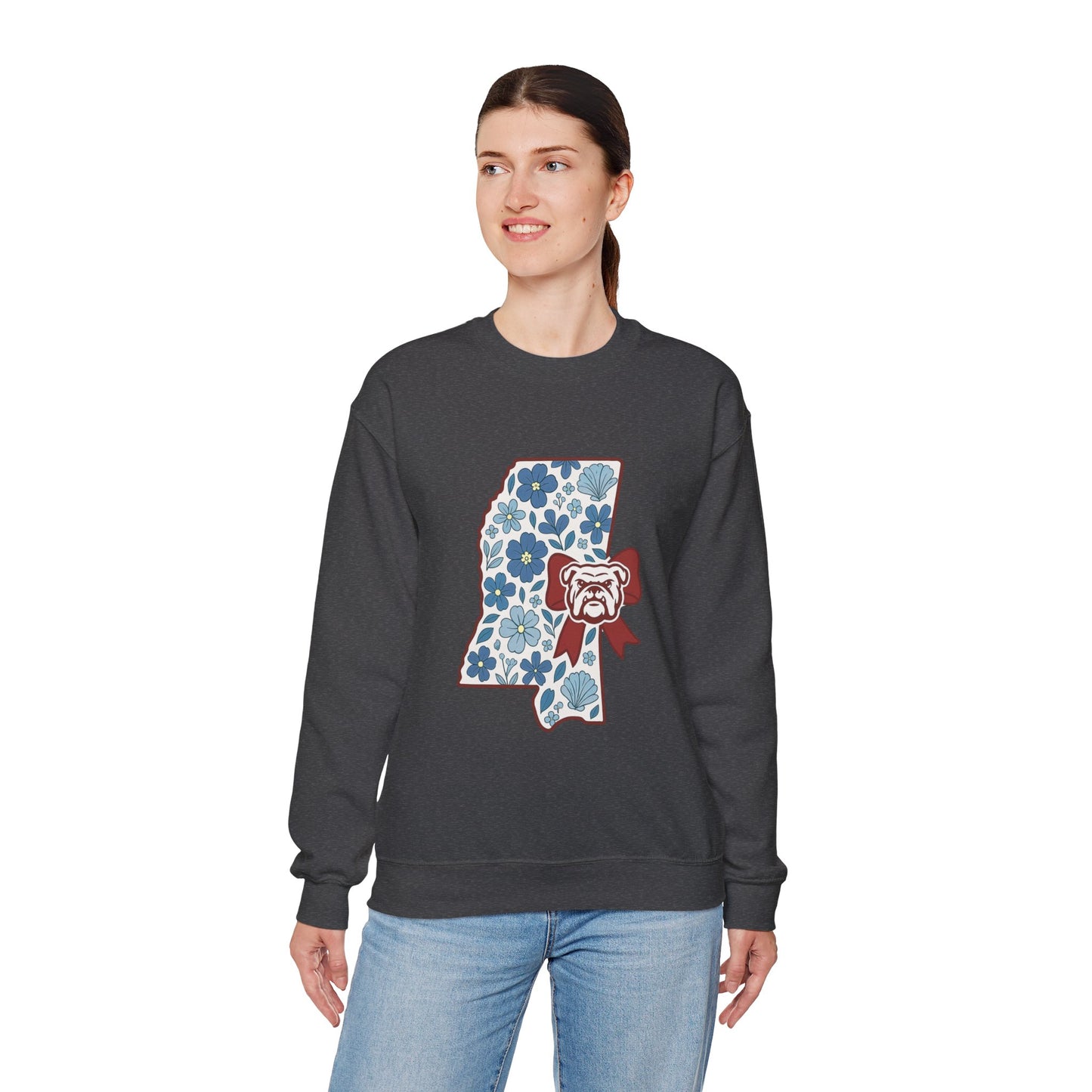 Mississippi Flower Bulldog Crewneck Sweatshirt, Cozy Sweatshirt for Fall, Gift for Dog Lovers, College Apparel, Casual Fashion