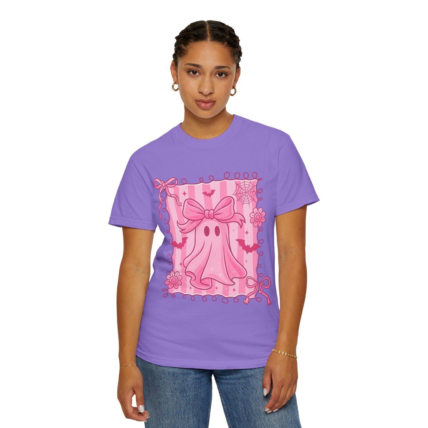 Cute Pink Ghost Graphic T-Shirt, Pink Halloween Tee, Unisex Garment-Dyed Top, Spooky Style for Fall, Trick or Treat Fashion