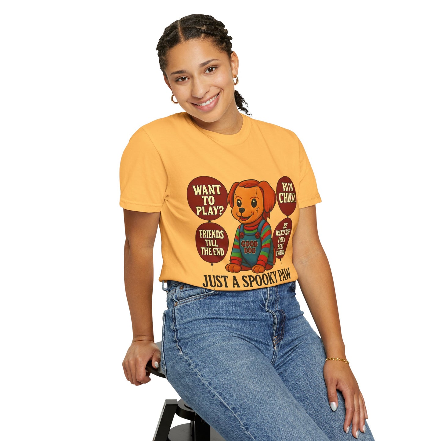 Spooky Graphic T-shirt, Halloween Costume Top, Unisex Tee, Funny Chucky Shirt, Gift for Horror Fans, Cute Spooky Apparel