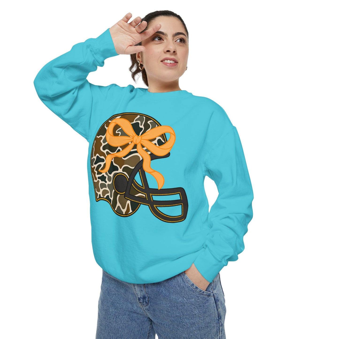 Comfort colors sweatshirt Camo Helmet Design, Casual Athletic Wear, Unisex Fall Fashion, Gift for Sports Fans