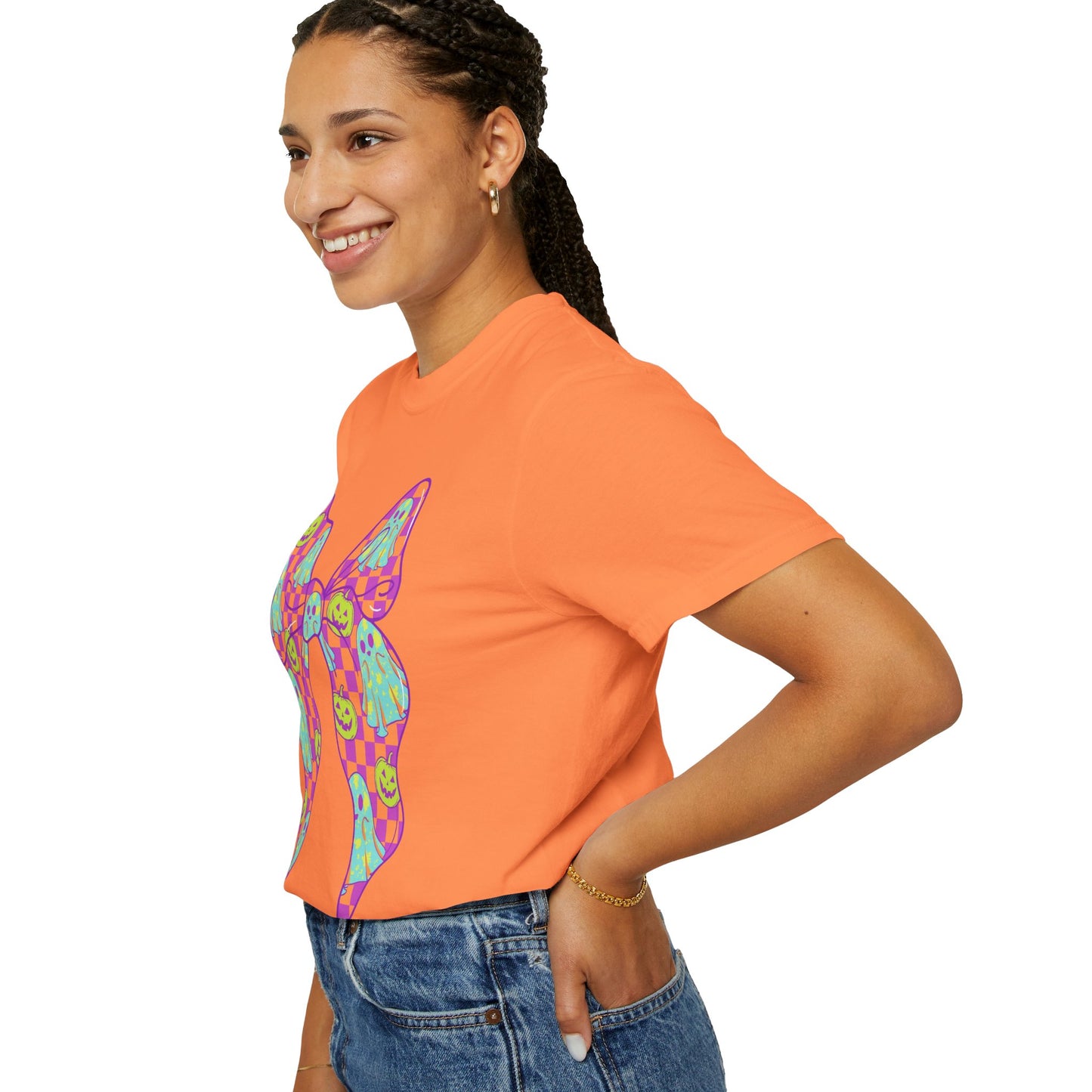 Neon Checkered Ghost Bow T-Shirt - Fun Lovers Halloween Unisex Tee