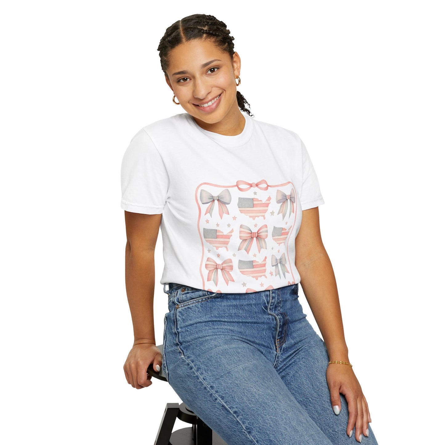 America Coquette Cute Bow Pattern Comfort Colors Unisex T-Shirt - 4th of July USA Celebration