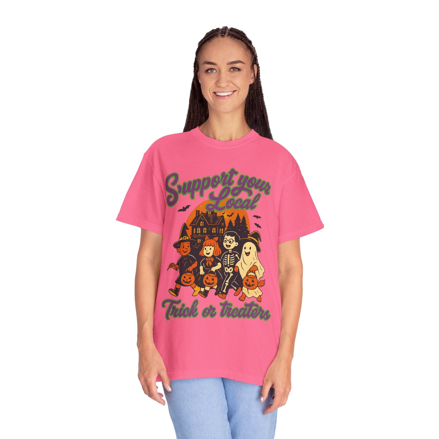 Halloween Support T-Shirt, Youth Trick or Treat Shirt, Garment-Dyed Tee for Kids, Spooky Season Apparel, Holiday Party Top, Fun Costume Wear