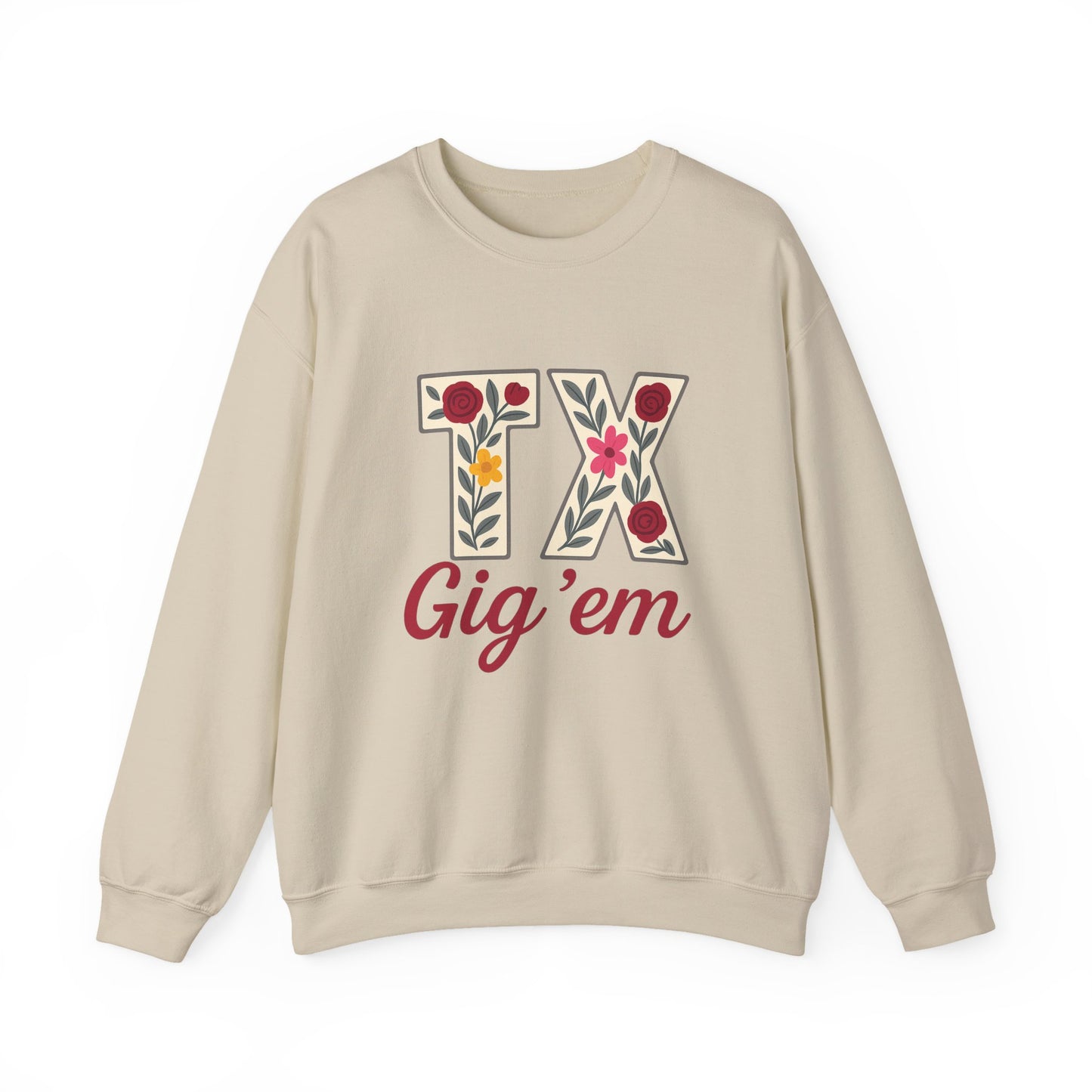 Texas Floral Crewneck Sweatshirt, Cozy Texas Sweatshirt, TX Gig'em Gift, Unisex Sweatshirt for Gamers, Floral Crew Neck for Casual Wear