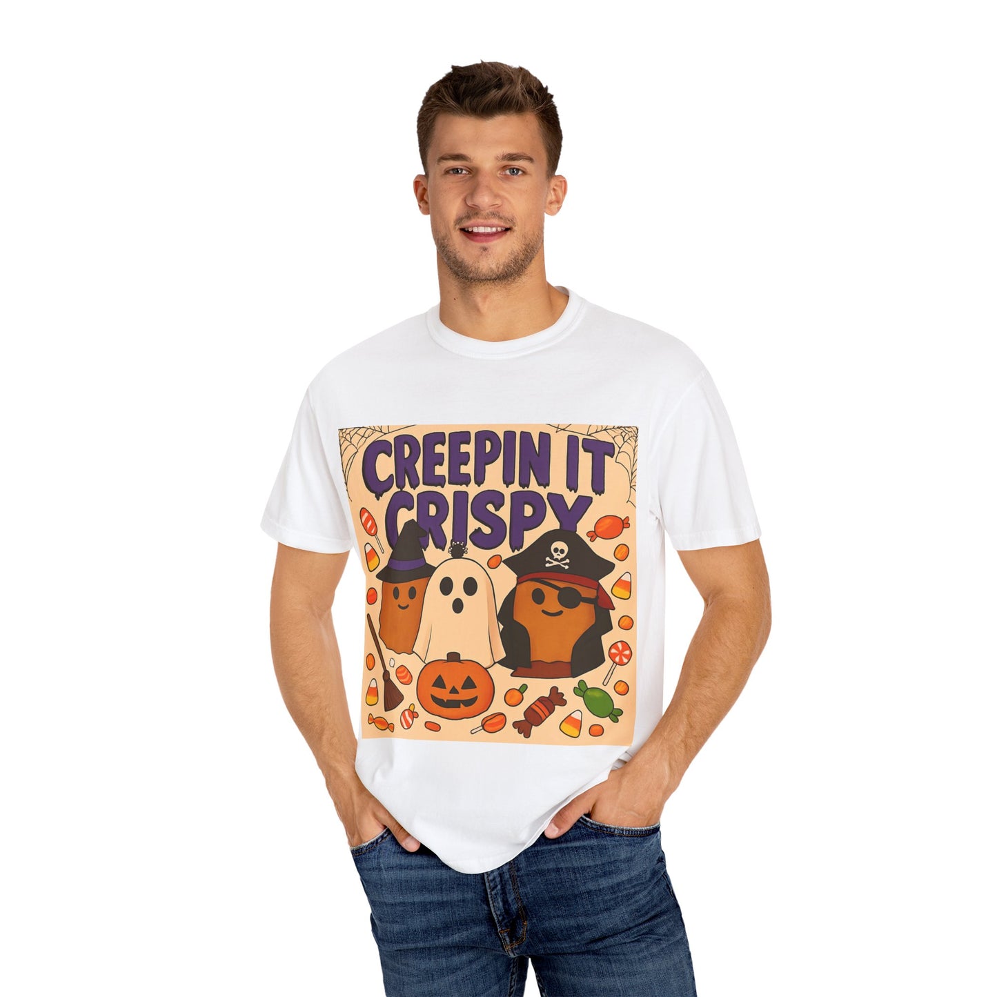 Halloween Themed T-Shirt, Creepin It Crispy T-Shirt, Unisex Shirt for Fall, Cute Halloween Tee, Festive Ghost & Candy Design