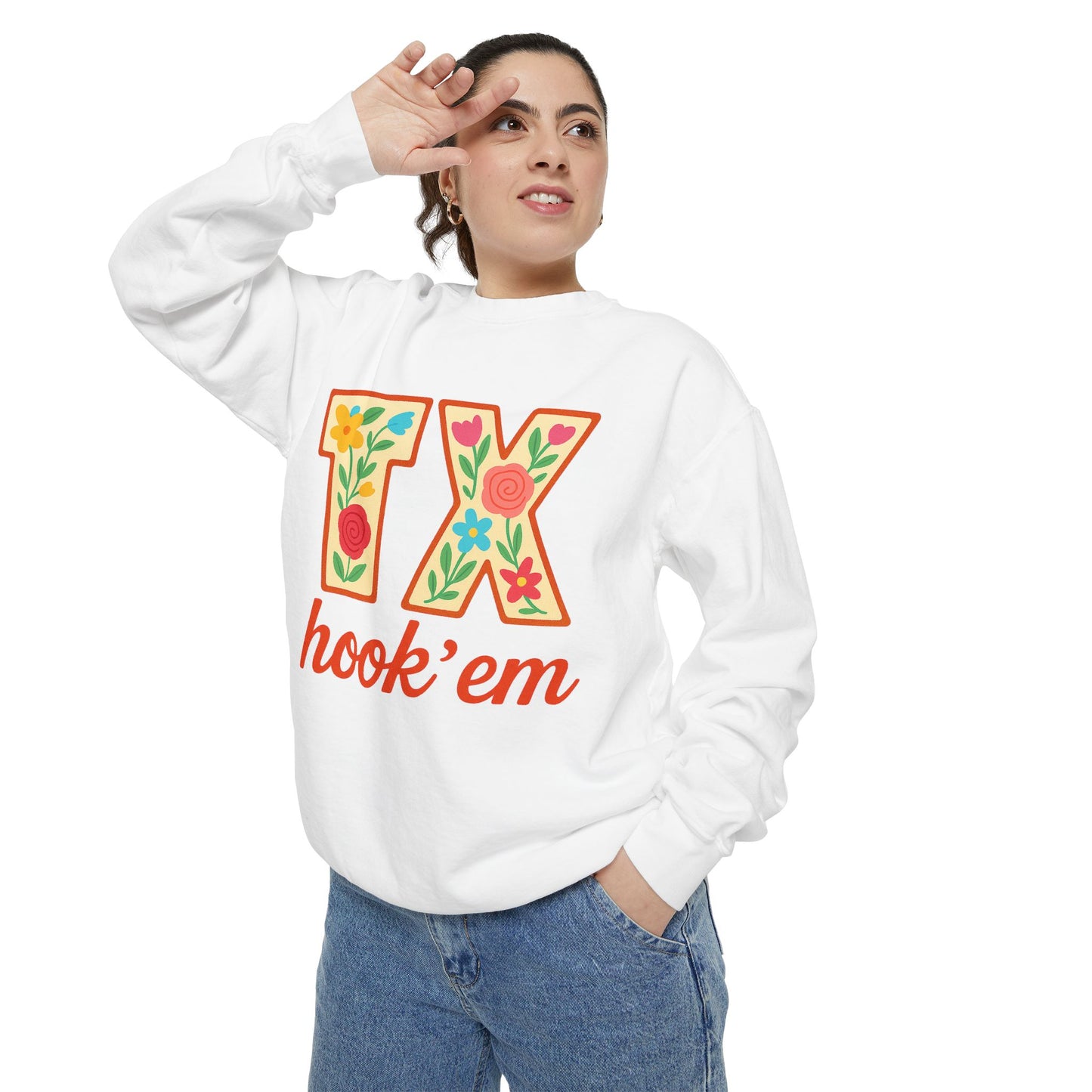 Texas Floral Sweatshirt, Unisex Garment-Dyed Sweatshirt, Cozy Casual Wear, Perfect for Game Day, Floral TX Hook 'Em Design, Stylish [...]