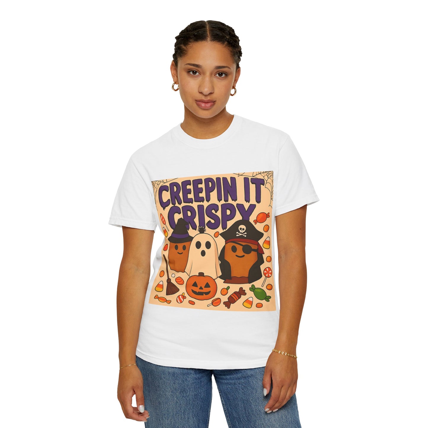 Halloween Themed T-Shirt, Creepin It Crispy T-Shirt, Unisex Shirt for Fall, Cute Halloween Tee, Festive Ghost & Candy Design