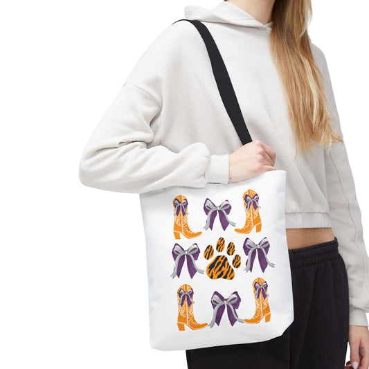 SC Clemson Coquette Bow Tiger Print Tote Bag, Go Tigers, SC Game Day, Clemson, SC, College Student Gift, Graduation Gift, SC Tigers Fan, Clemson Alumni