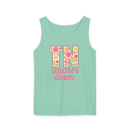 Tennessee Floral Anchor Down Tank Top, Summer Vacation Shirt, TN State Pride Apparel, Unisex Gift for Friends, Comfort Colors, Graduation Gift