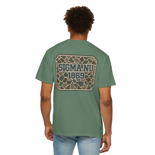 SigmaNu Camouflage T-Shirt | Unisex Garment-Dyed Tee for Greek Life | Ideal for Fraternity Events, Casual Wear, Gifts, Game Days