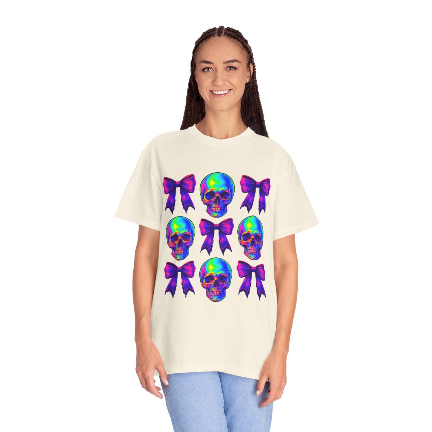 Neon Skull and Bow Unisex T-Shirt | Trendy Graphic Tee for Halloween, Festivals, Casual Wear, Gifts