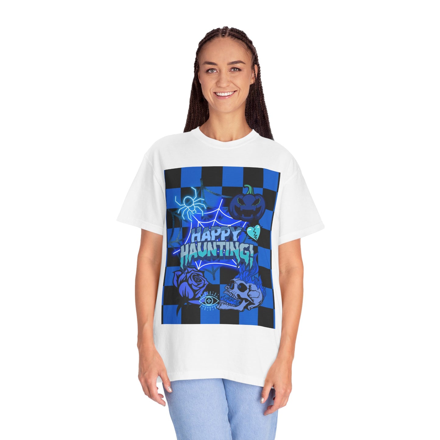 Happy Haunting Unisex Garment-Dyed T-shirt, Halloween Tee, Spooky Shirt, Fall Fashion, Casual Wear, Pumpkin Fest