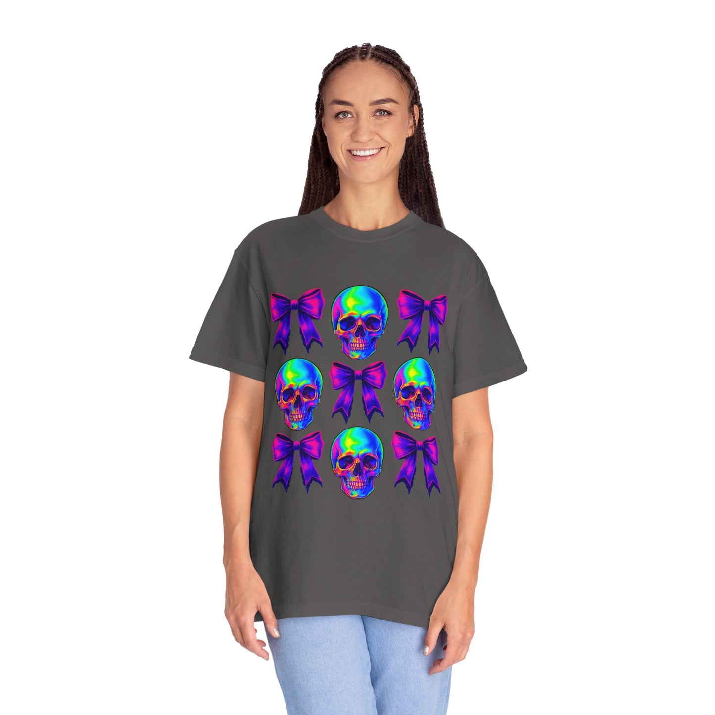 Neon Skull and Bow Unisex T-Shirt | Trendy Graphic Tee for Halloween, Festivals, Casual Wear, Gifts