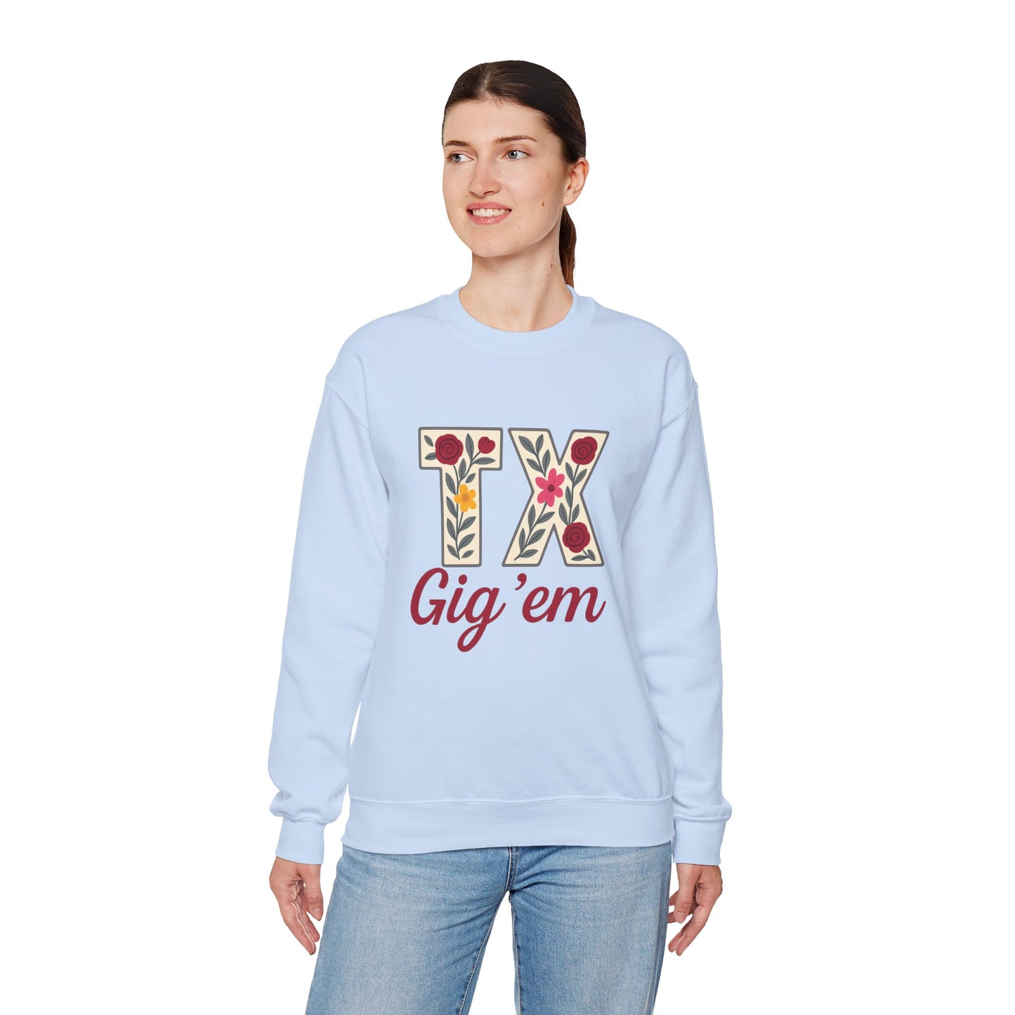 Texas Floral Crewneck Sweatshirt, Cozy Texas Sweatshirt, TX Gig'em Gift, Unisex Sweatshirt for Gamers, Floral Crew Neck for Casual Wear