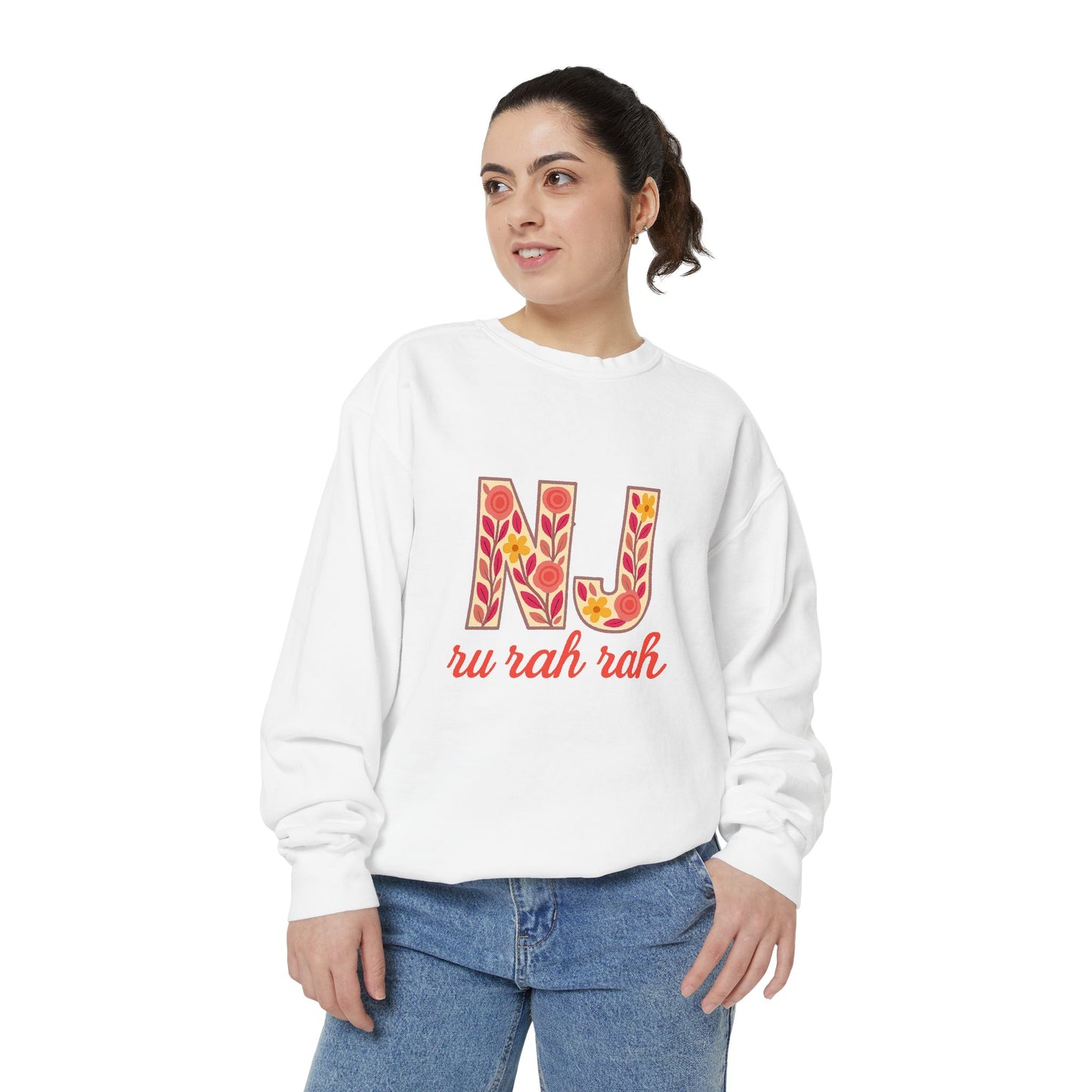 Cheerful NJ Garment-Dyed Sweatshirt, Cozy Unisex Pullover for School Spirit, Fall Fashion, Gift for College Students, Relaxed Fit
