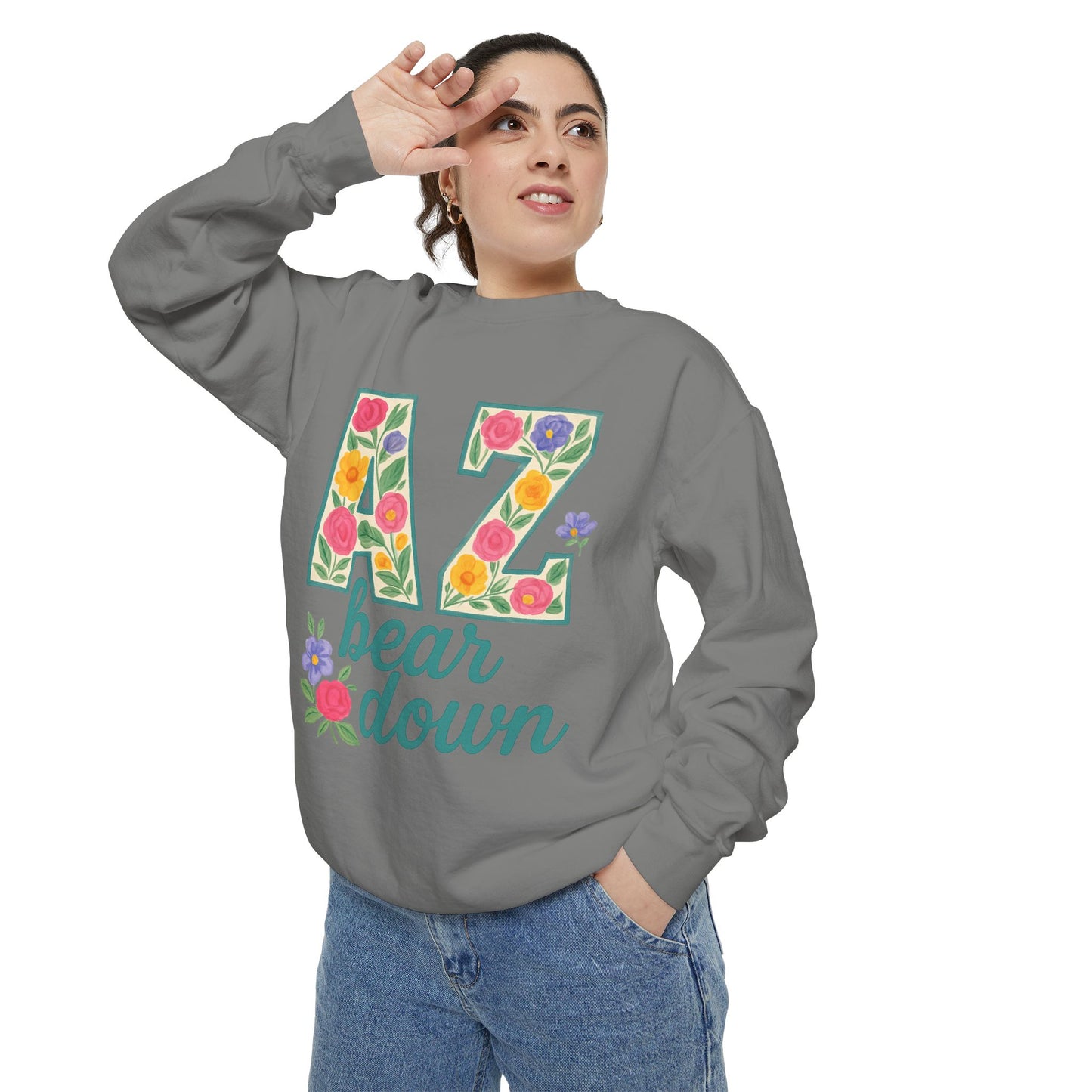 Arizona Floral Sweatshirt, Cozy Unisex Sweatshirt, Trendy Fall Layer, Gift for Him/Her, Sports Spirit Apparel, Bear Down AZ