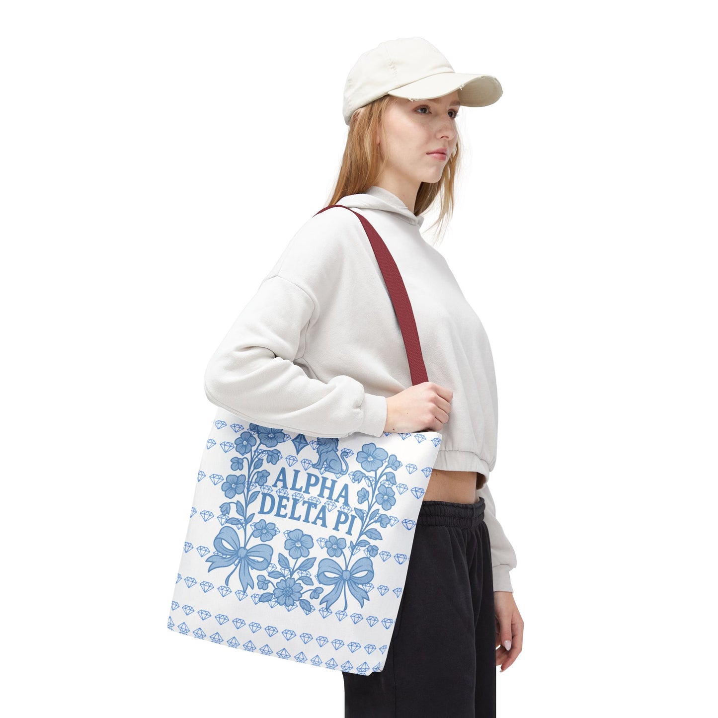 Alpha Delta Pi Floral Tote Bag - Stylish Sorority Accessory, Gift for College Students, Everyday Use, Blue Floral Design, AOP Style