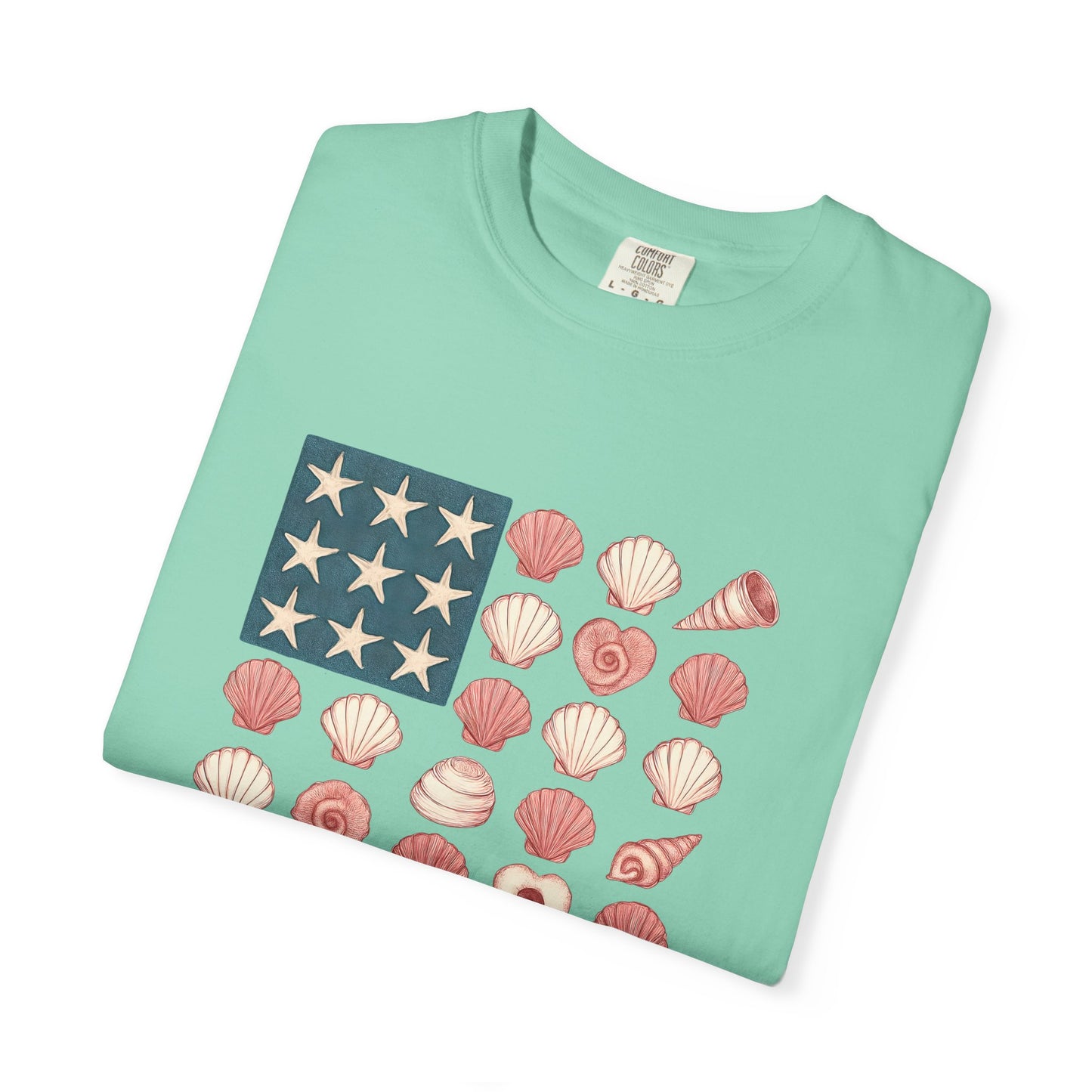 Comfort Colors-Seashell Flag T-Shirt, Unisex, American Flag, Beach Vibes, Nautical Gift, Summer Vibes, July 4th