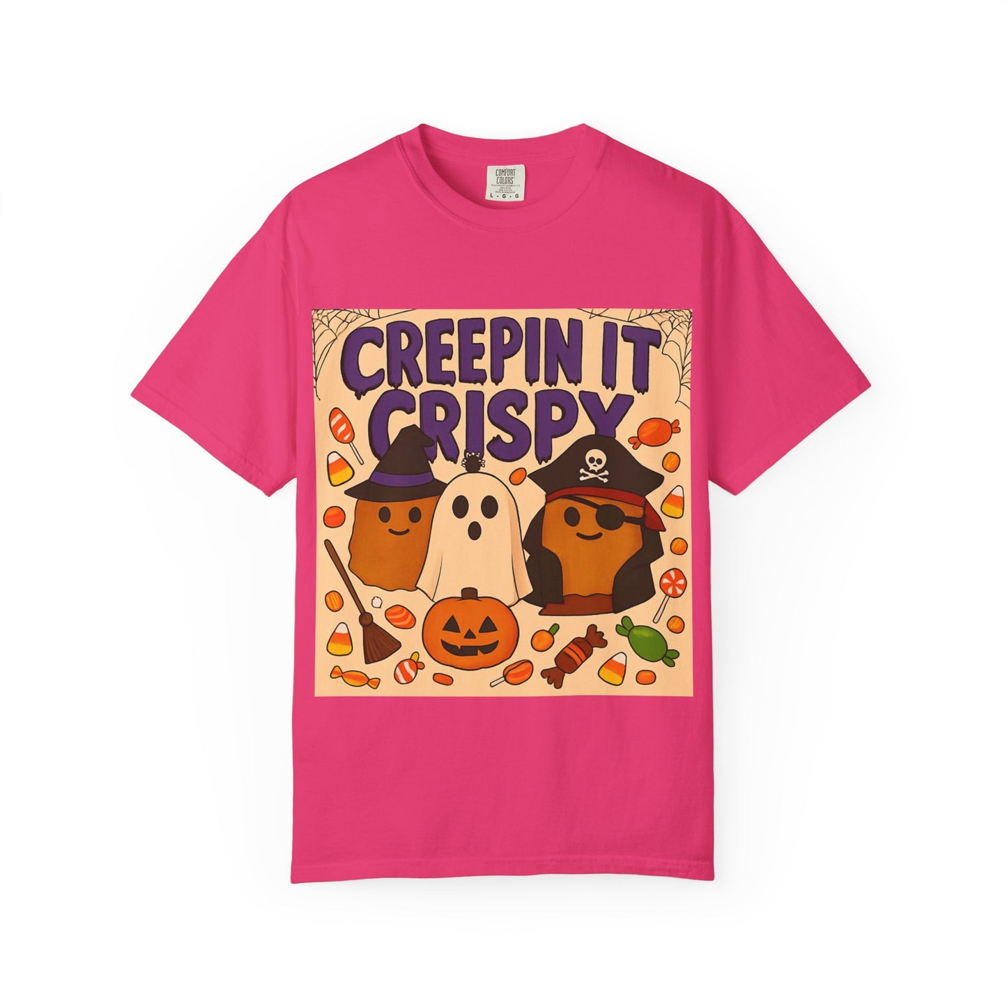 Halloween Themed T-Shirt, Creepin It Crispy T-Shirt, Unisex Shirt for Fall, Cute Halloween Tee, Festive Ghost & Candy Design